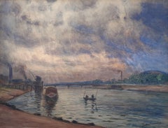 Großer Himmel, Wolken über dem Seine River Französisches impressionistisches Landschaftsgemälde