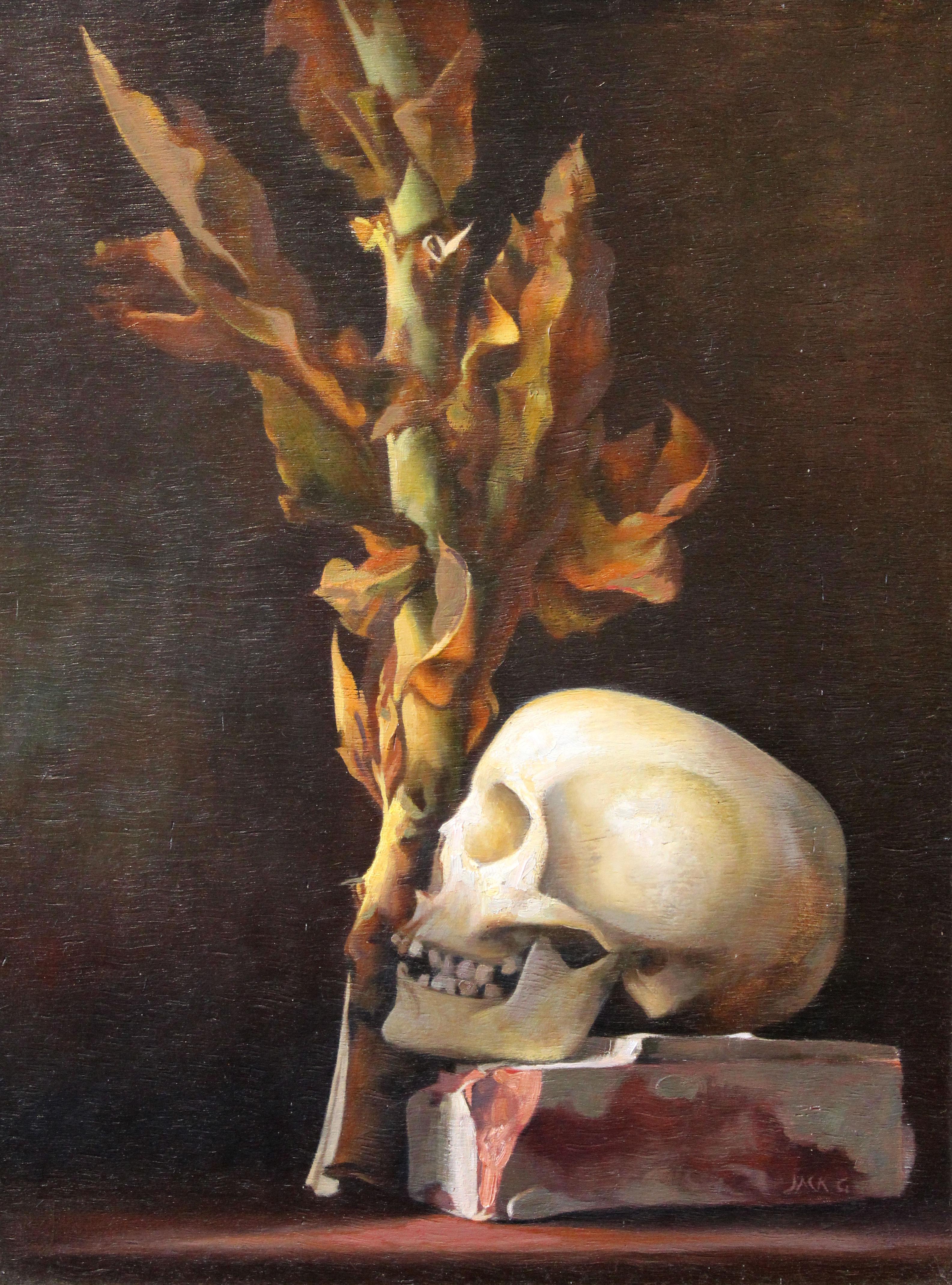 Absolutely superb realism. It has the quality of a Renaissance memento mori painting, and shows the painstaking old-school technique as well. But my favorite part of this painting is the quirky appearance of the red brick upon which the skull sits.