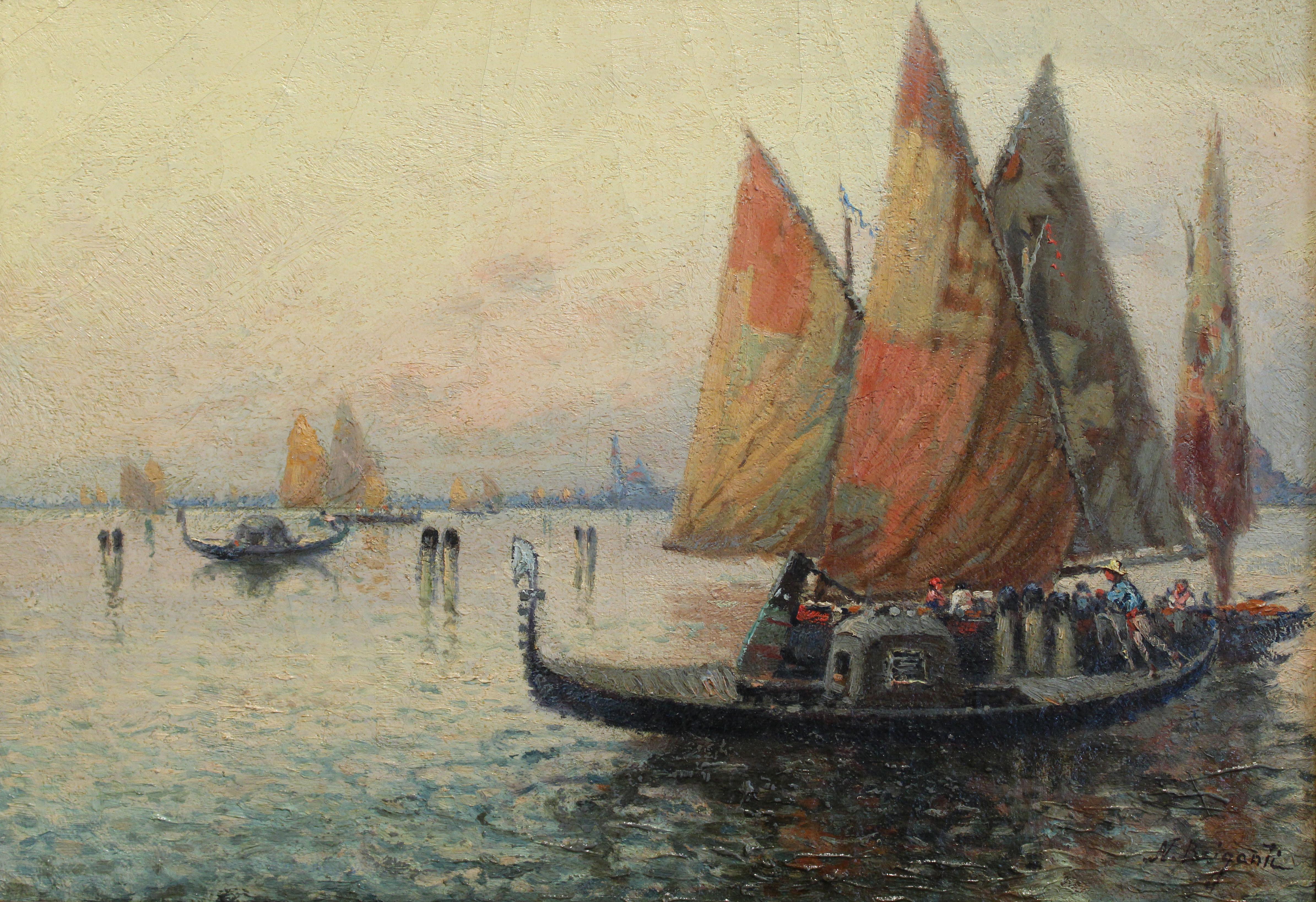 Gondolas at Sunset, Venice - Painting by Nicolas Briganti