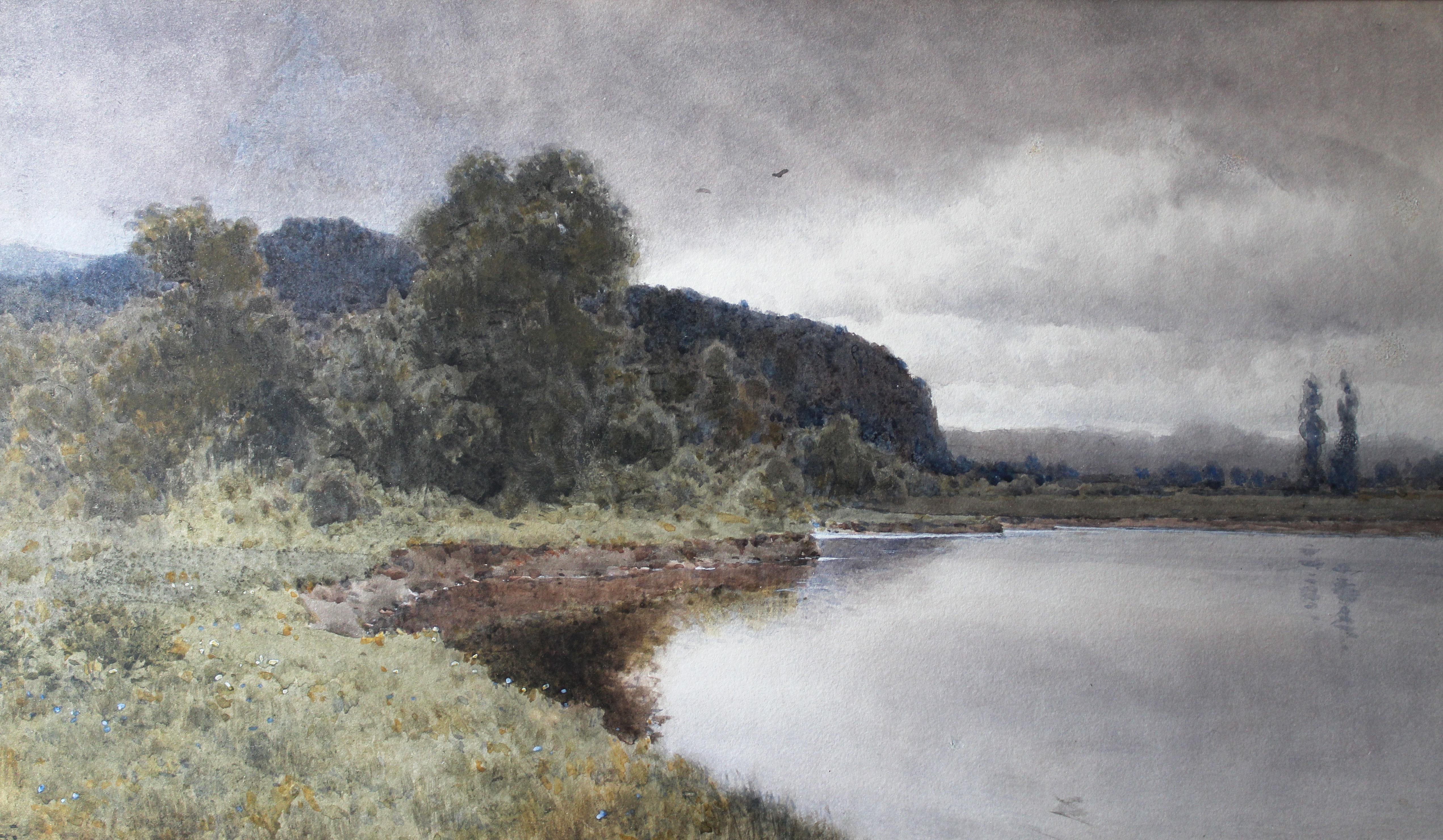 A strikingly realistic rendering of a scene at the edge of a placid lake on a cloudy day, by the very well-listed English painter Arthur Suker (1857 - 1902). Watercolor is a notoriously hard medium in which to achieve realism at this level! 18”h x