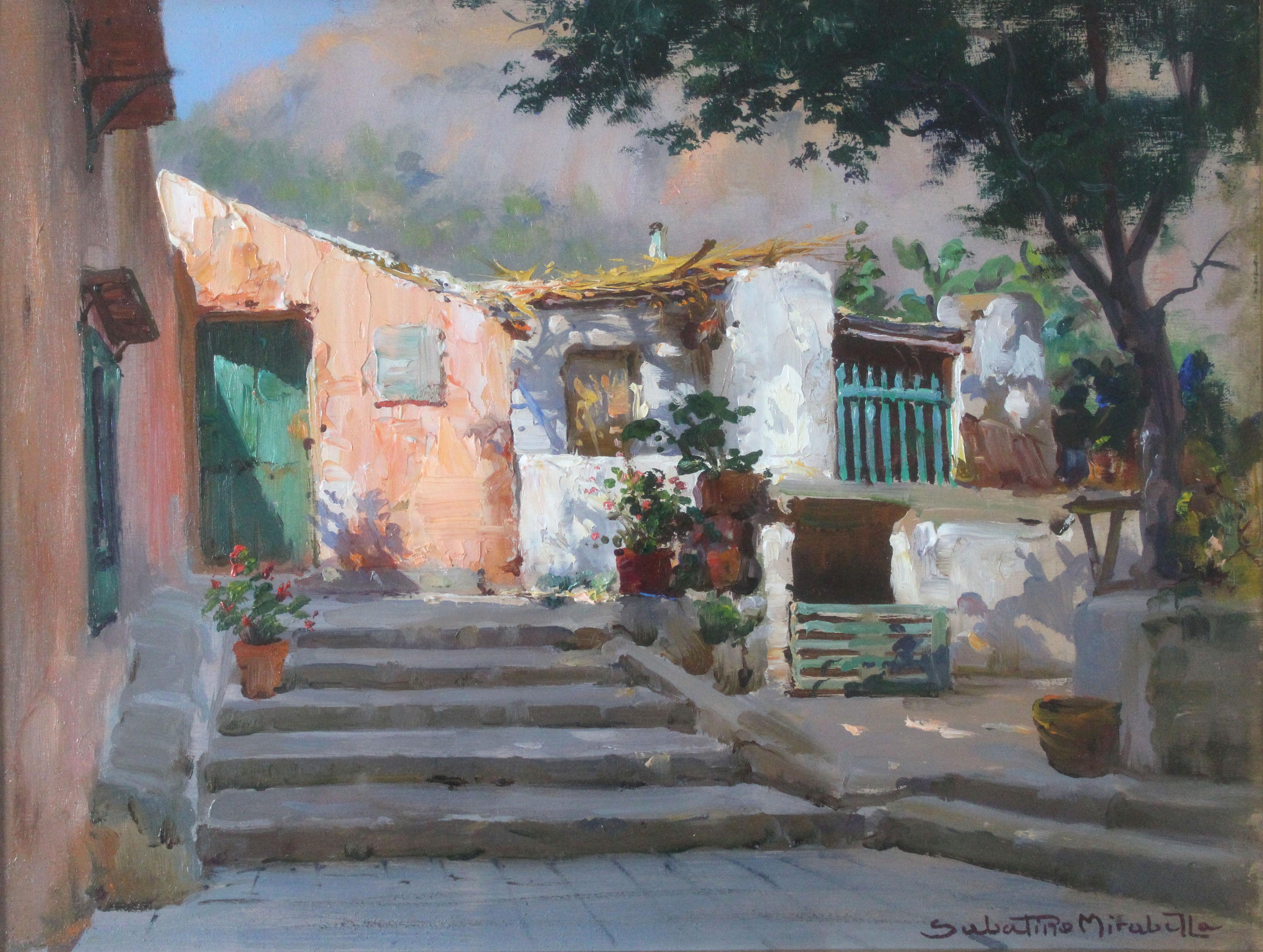 Landscape Painting de Sabatino Mirabella - "Terrazza" - Pintura impresionista de pueblo italiano del siglo XX