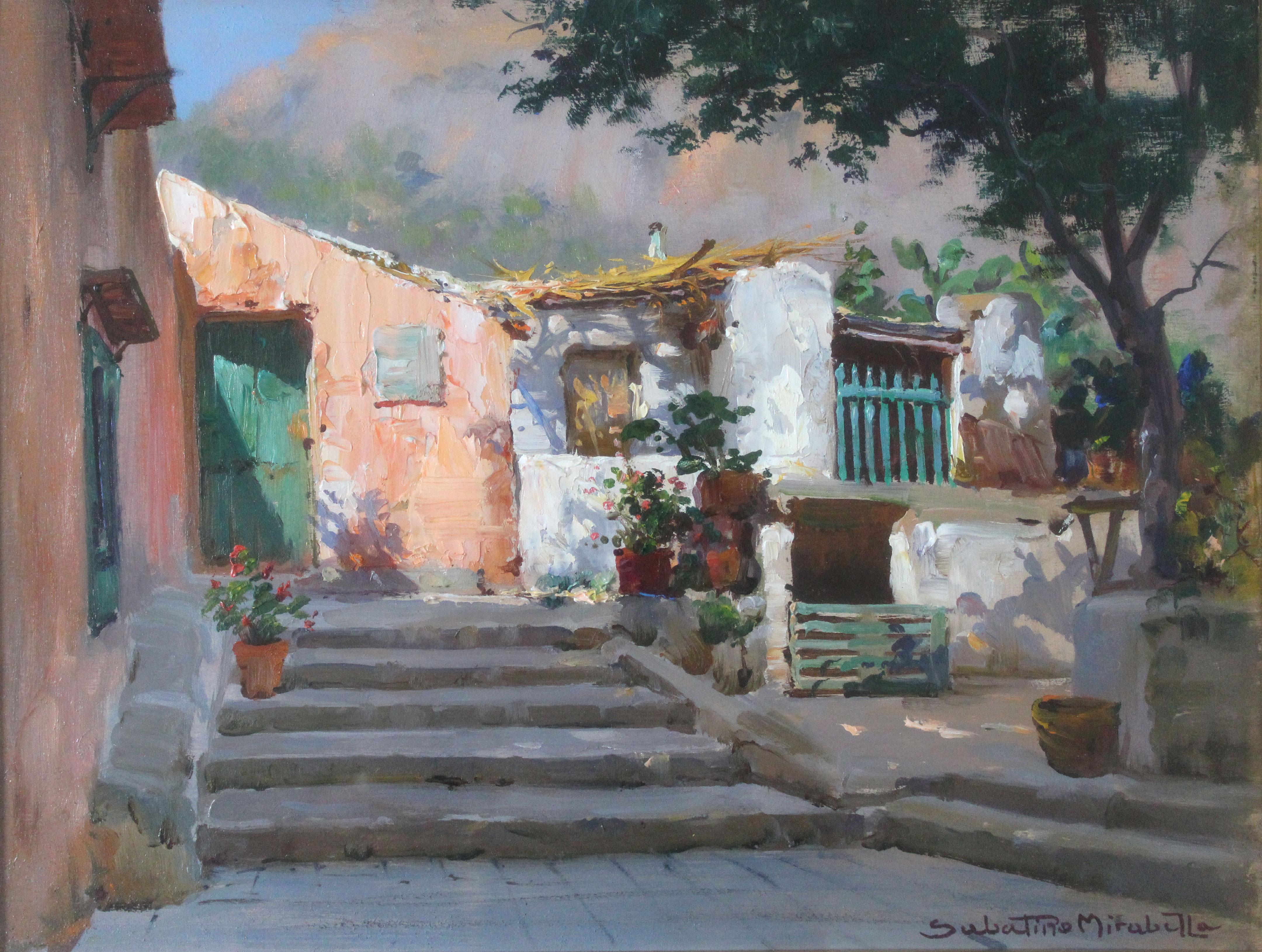 Sabatino Mirabella Landscape Painting - "Terrazza" - 20th Century Impressionist Italy Village Painting