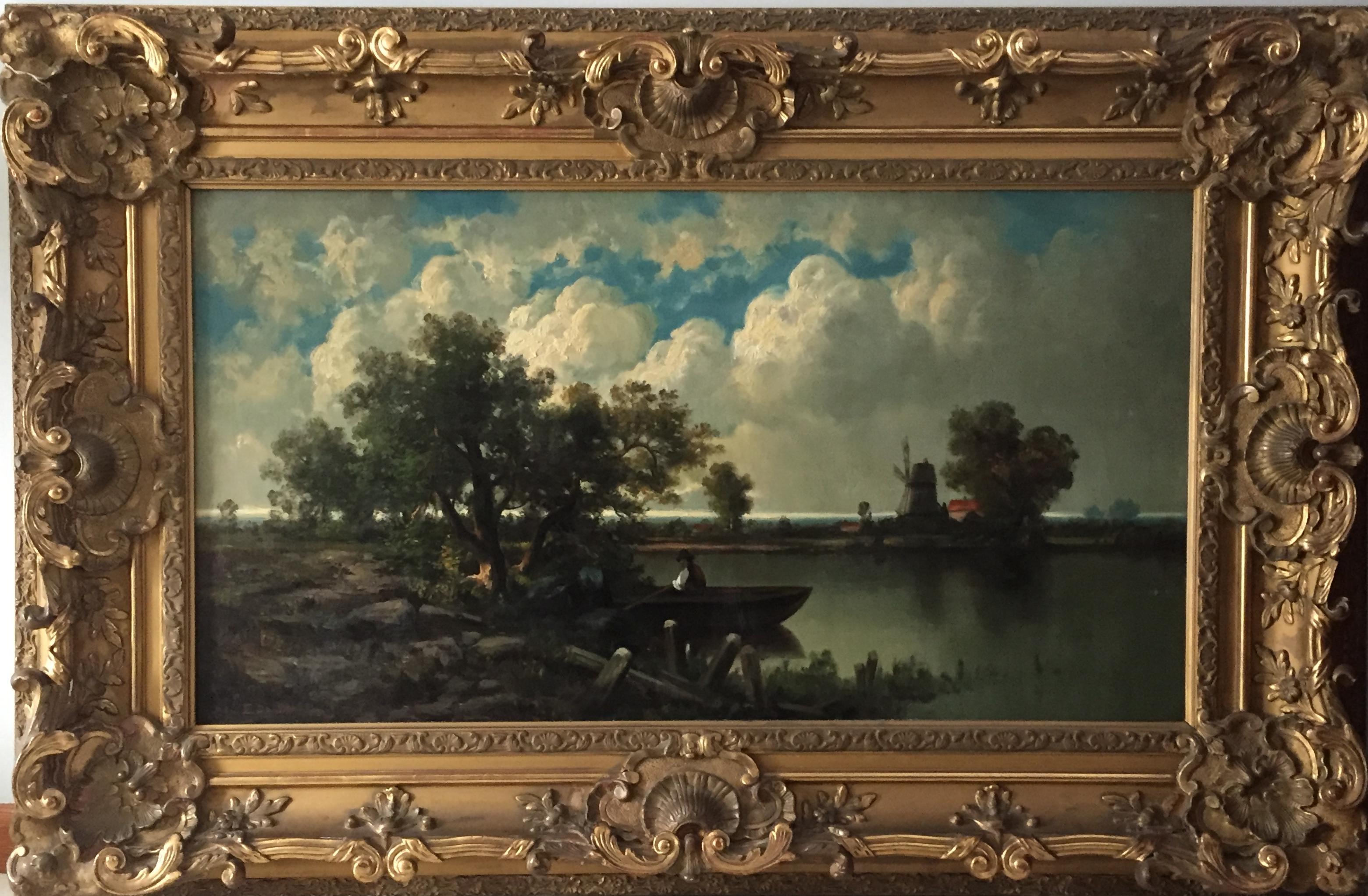 Edmond de Schampheleer Landscape Painting - Landscape with Fisherman and Windmill (Large)