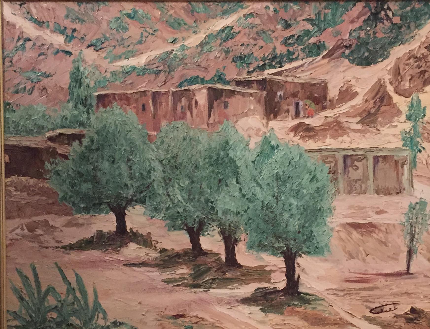 Landscape Painting A. Bennani - "Les Oliviers de L'Ouka", Peinture de Village de Montagne