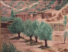 ""Les Oliviers de L'Ouka", Dorf-Gemälde mit Berglandschaft