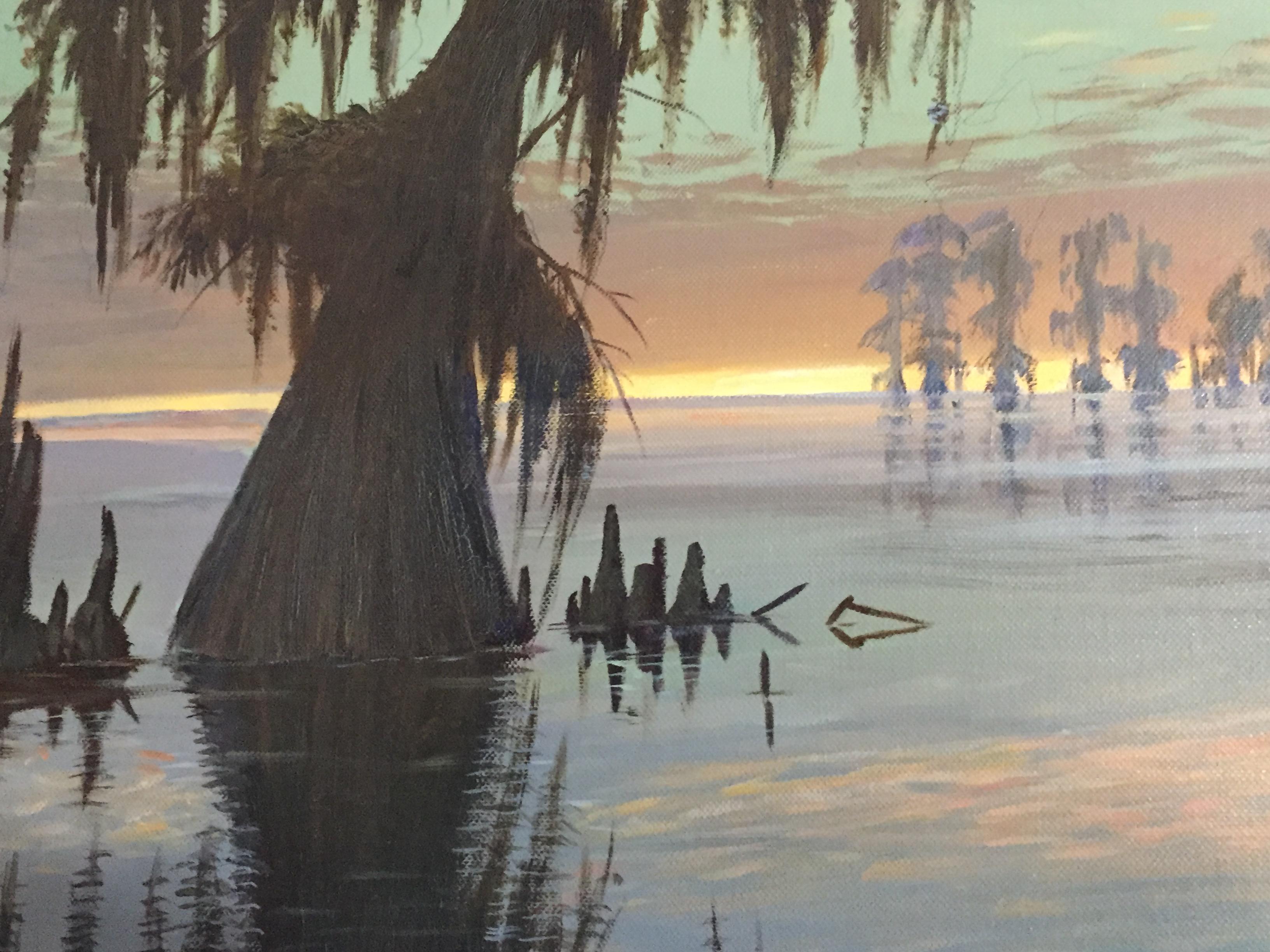 Murrell Butler
Bayou Sunset, 2009
Oil on Canvas
30″ x 40″
$4800
An evocative Louisiana bayou at sunset by noted Louisiana native artist Murrell Butler. Hard to find originals by this painter -- almost all of what you see are prints. Framed and ready