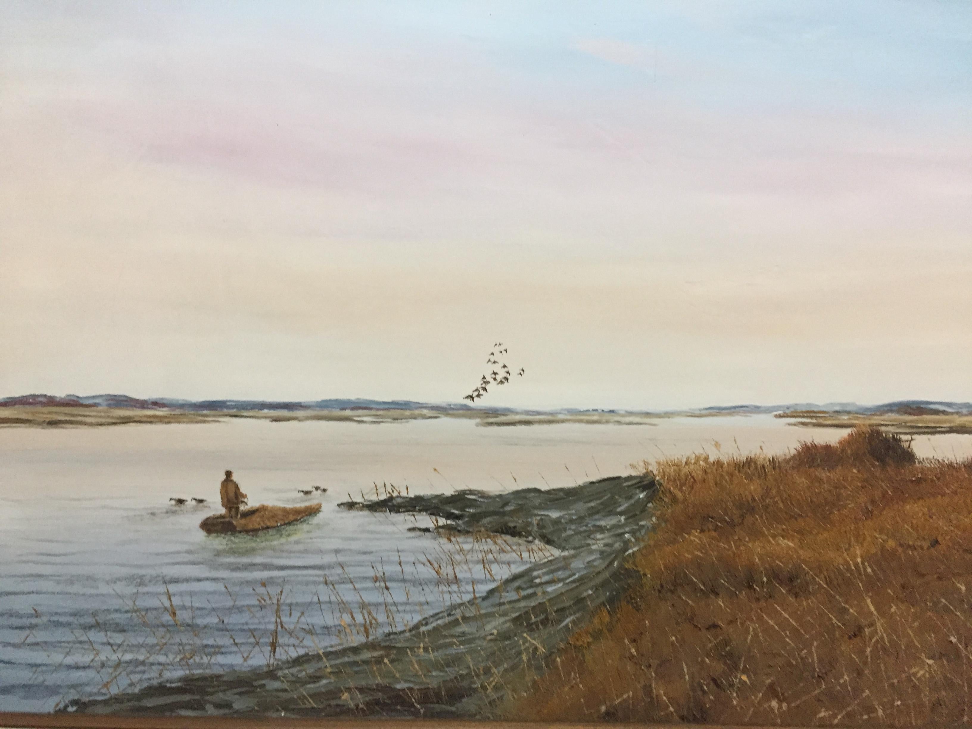 Hunter Setting Duck Decoys - Painting by Hank Walker