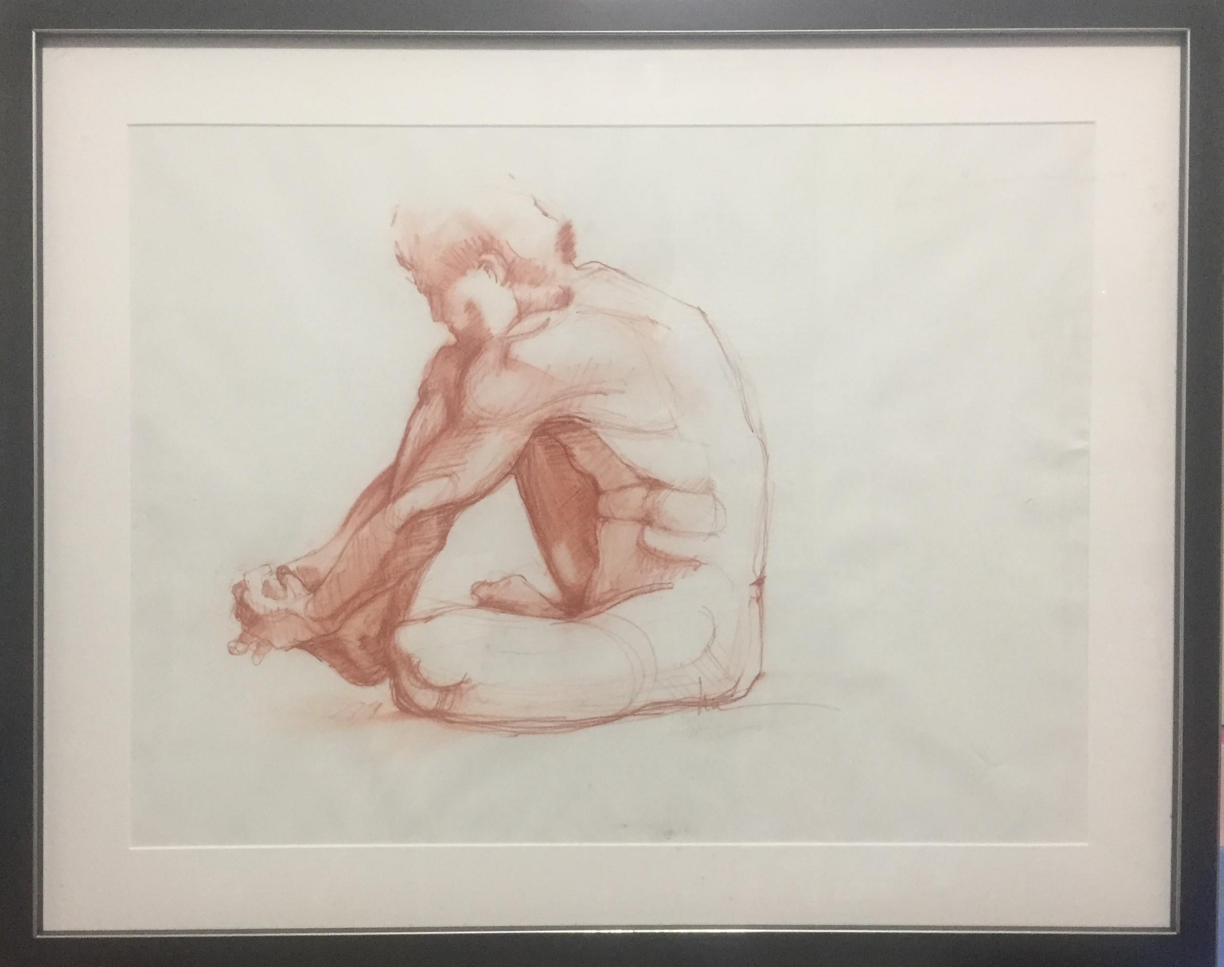 Seated Male Nude (Framed Contemporary Man Portrait Figure Drawing) - Art by Lue Isaac