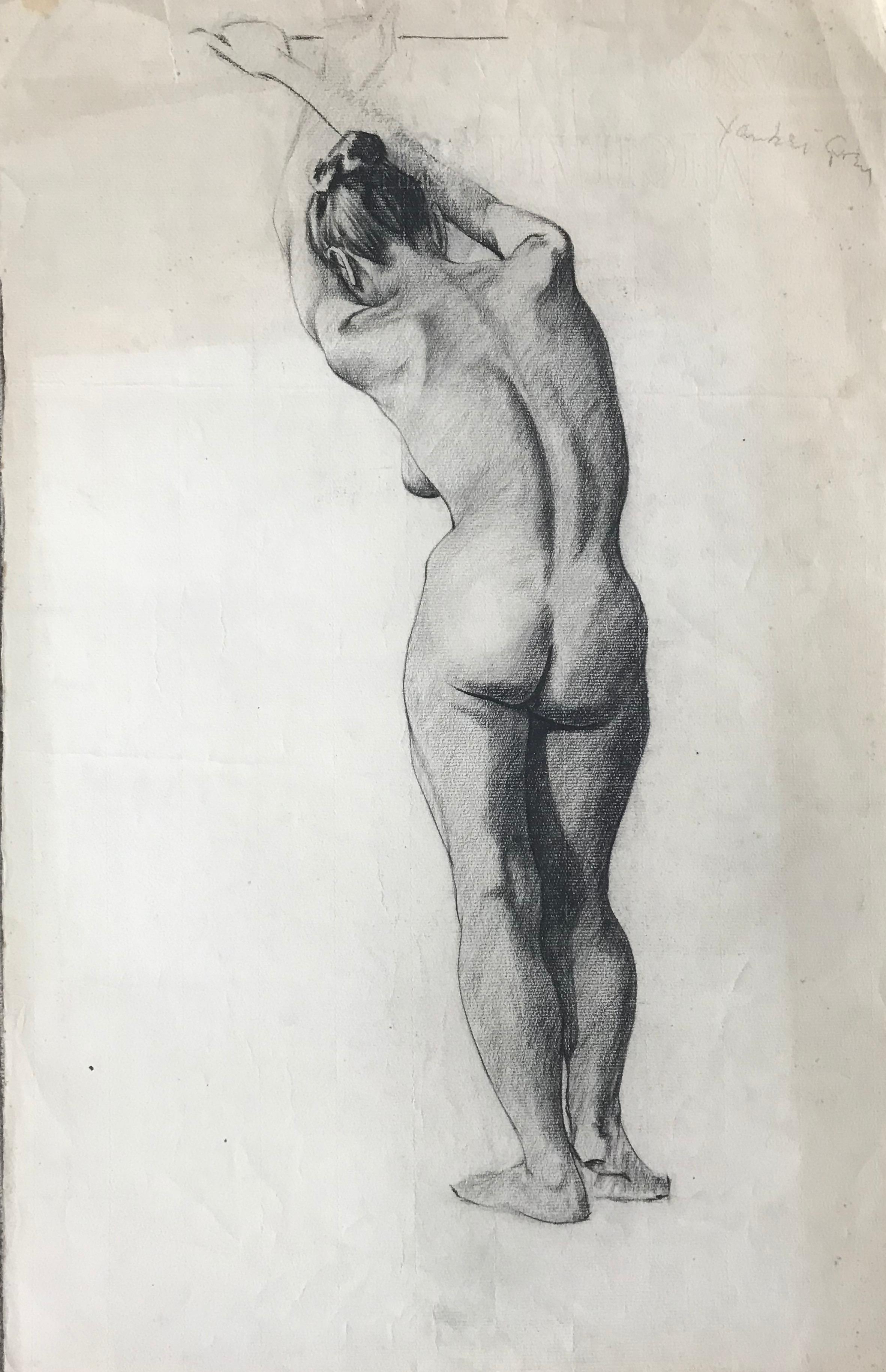 "Standing Nude" - Graphite Woman Portrait Drawing - Art by Unknown