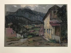 Antique Louis Reynaud "Farmhouse in Landscape" - 20th Century Pastel Landscape