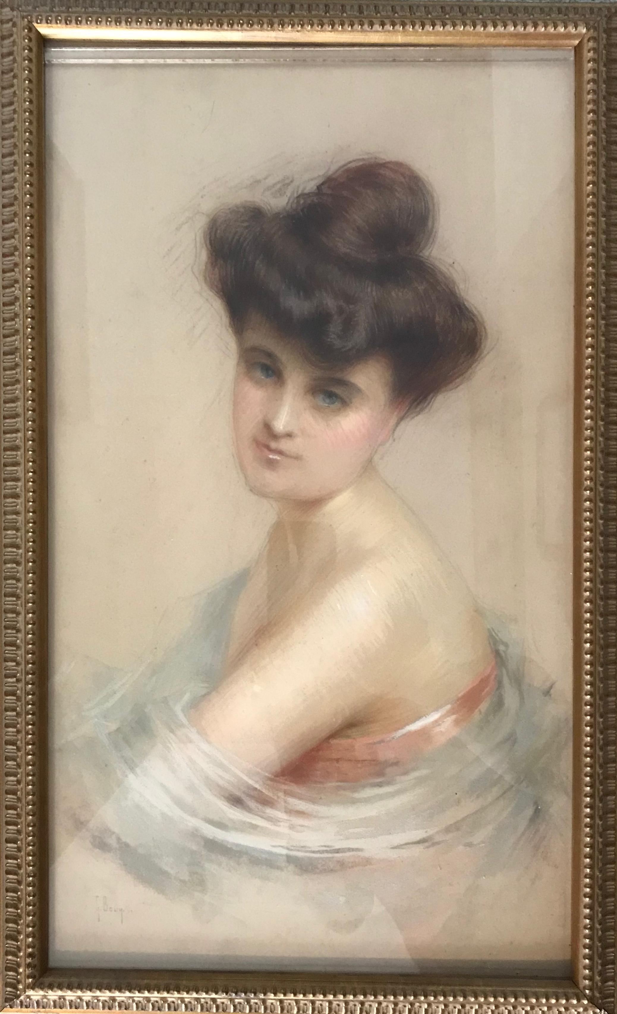 "Demoiselle" - Framed Early 20th Century Pastel Woman Portrait - Art by Gaston Bouy