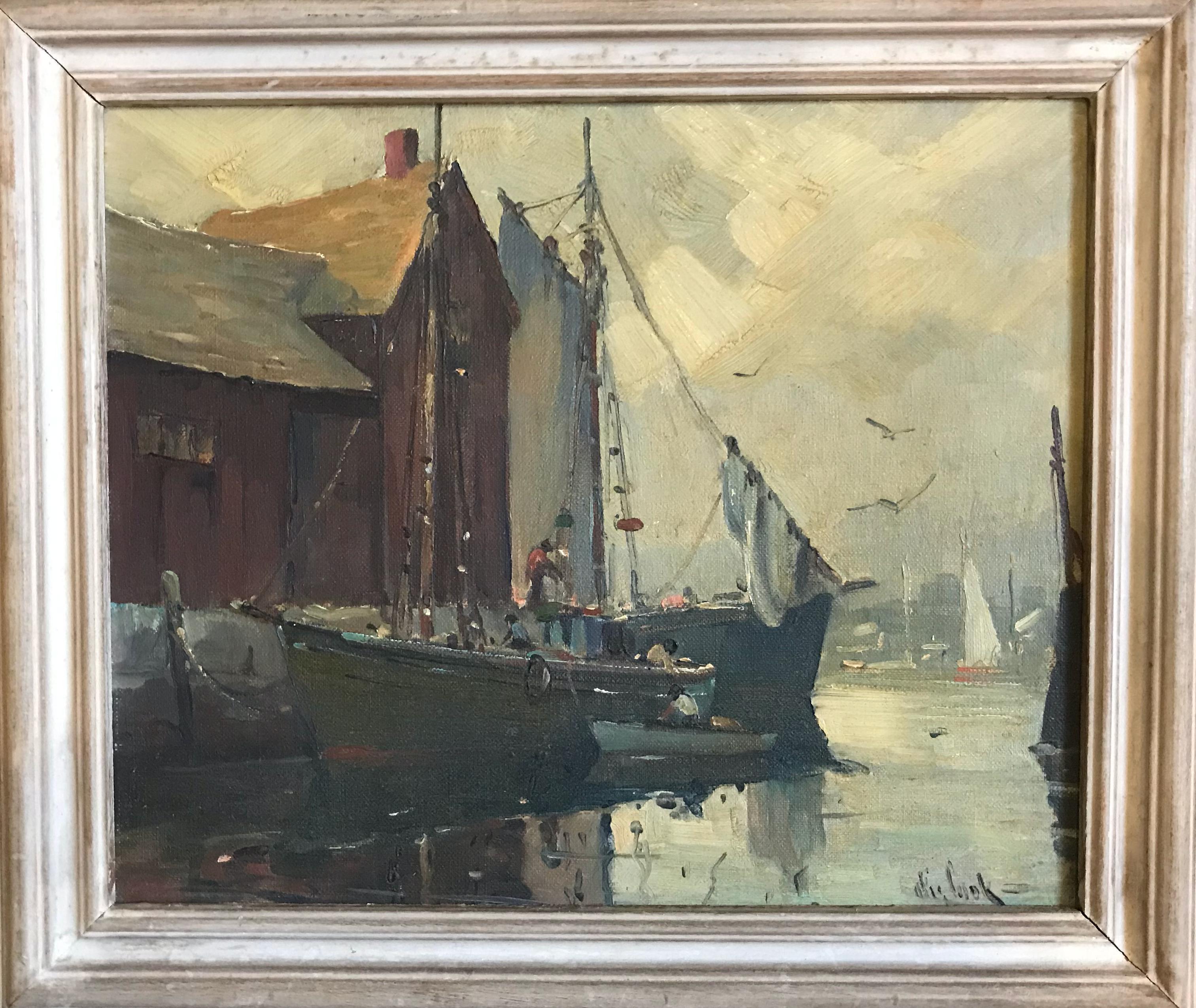 Landscape Painting Otis Pierce Cook, Jr.  - Boats in Harbor, Rockport,Massachusetts - Peinture de paysage marin du milieu du siècle encadrée