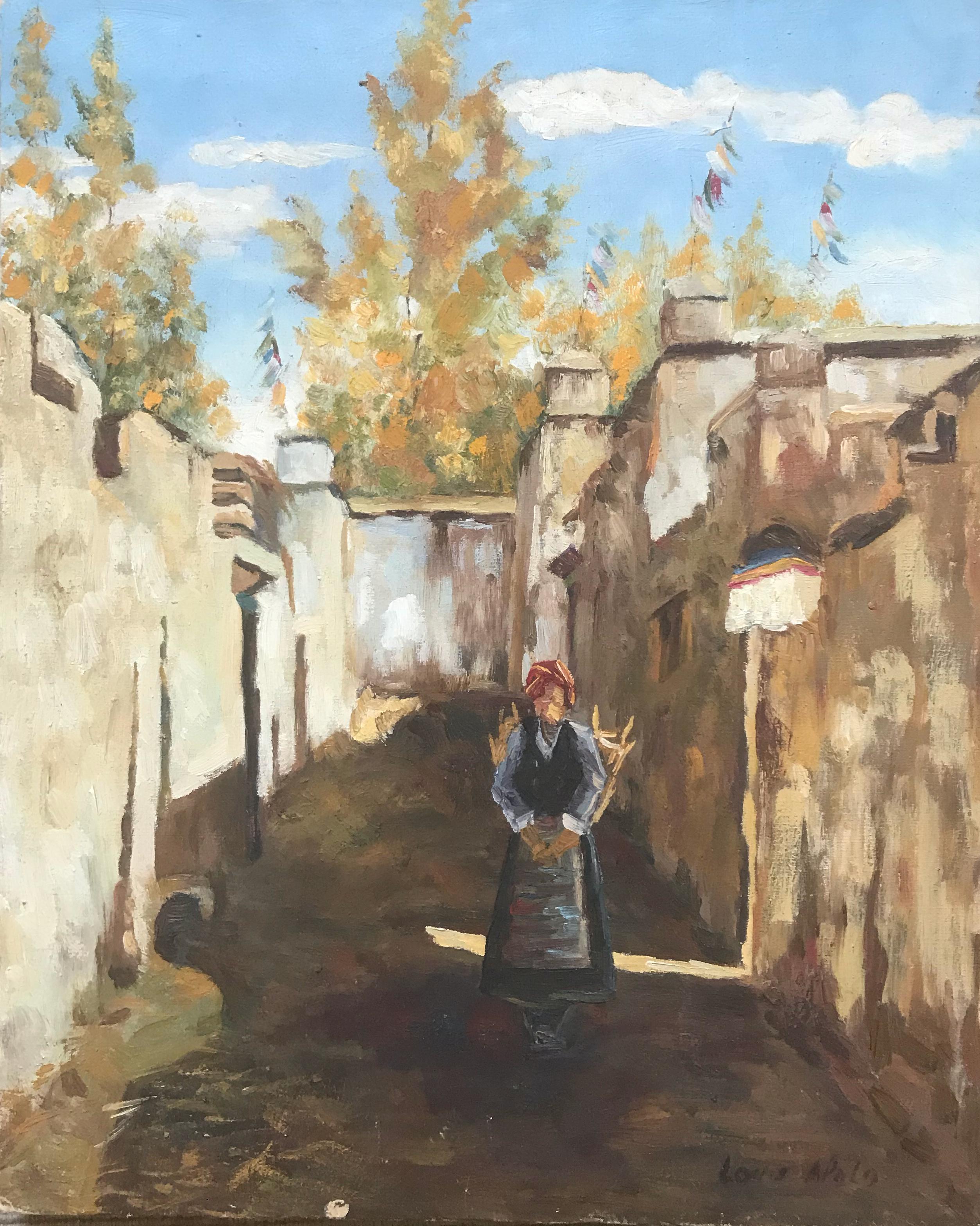In a quaint village of humble stucco homes, a woman carries a basket of goods on her back to the town market. An isolated sliver of bright sunlight slices through an opening in a wall behind her. Unframed, ready for framing to your taste.
Proudly