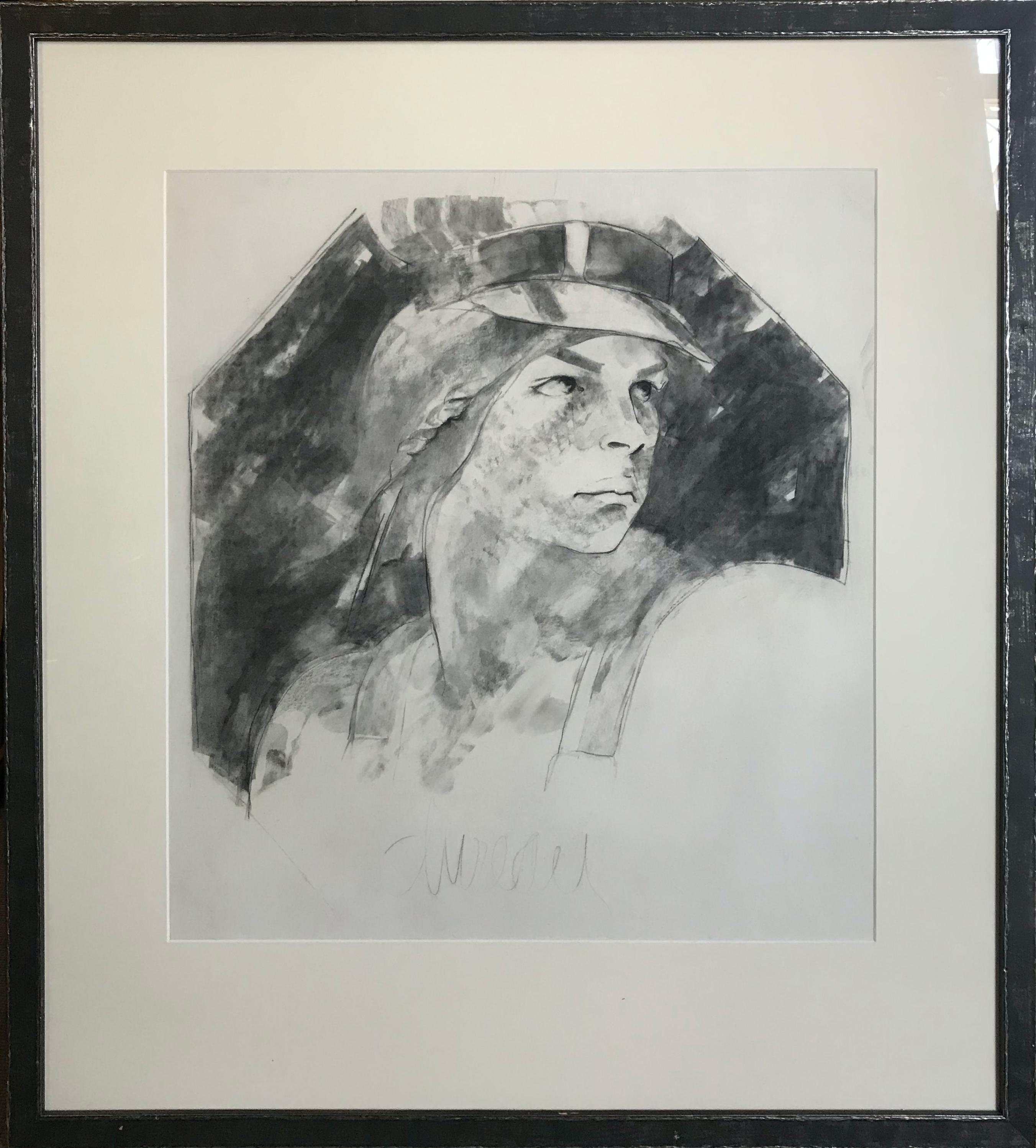 George Dureau (New Orleans) "Young Man in Hat" - Framed Portrait Drawing
