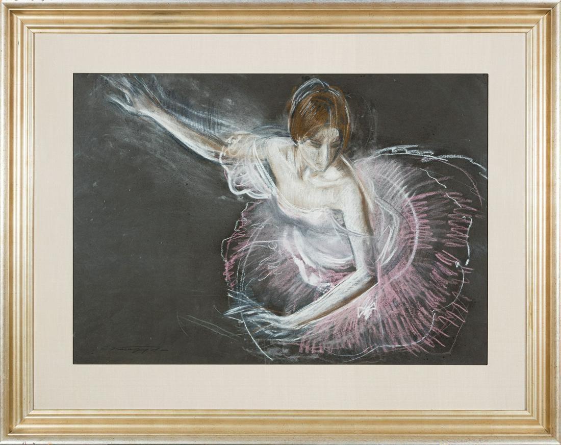 « Ballet Dancer, Rose Variation » - Grand portrait moderne encadré au pastel - Art de Valery Kosorukov