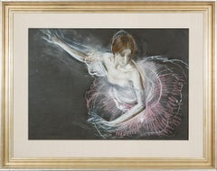 "Ballet Dancer, Rose Variation" - Large Modern Framed Pastel Portrait