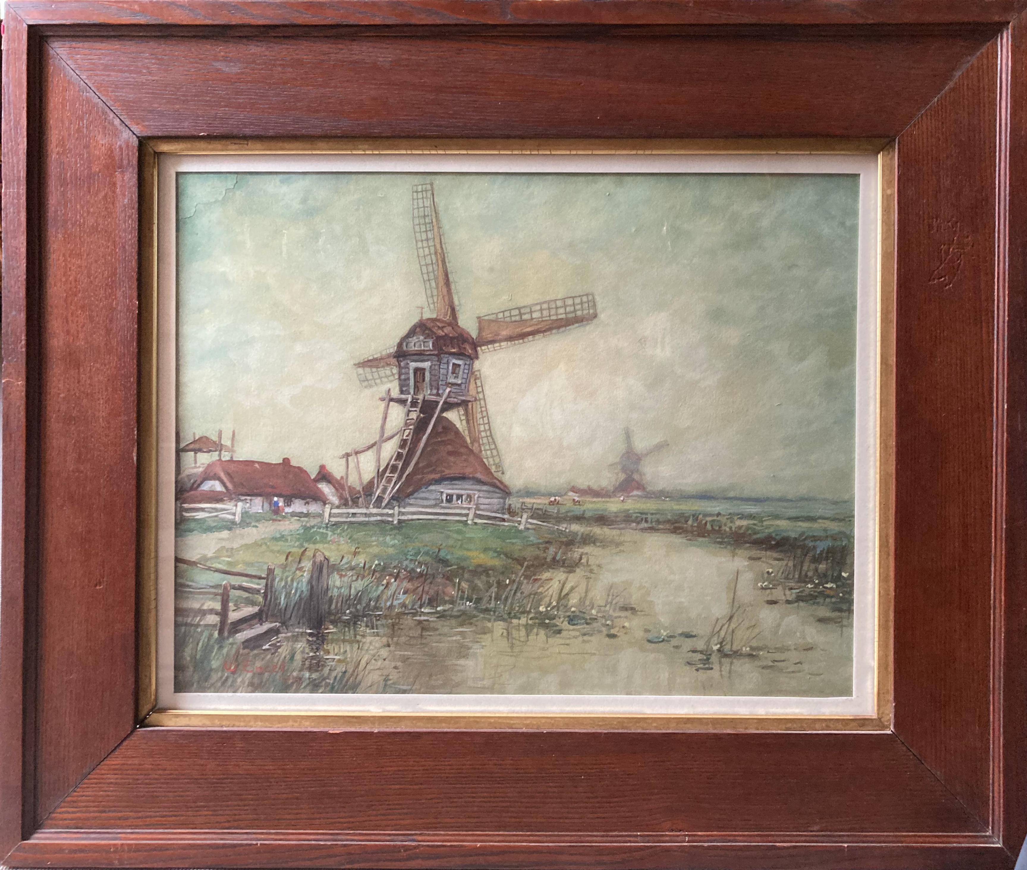 "Dutch Scene with Windmills" - Framed Early 20th Century Watercolor Landscape