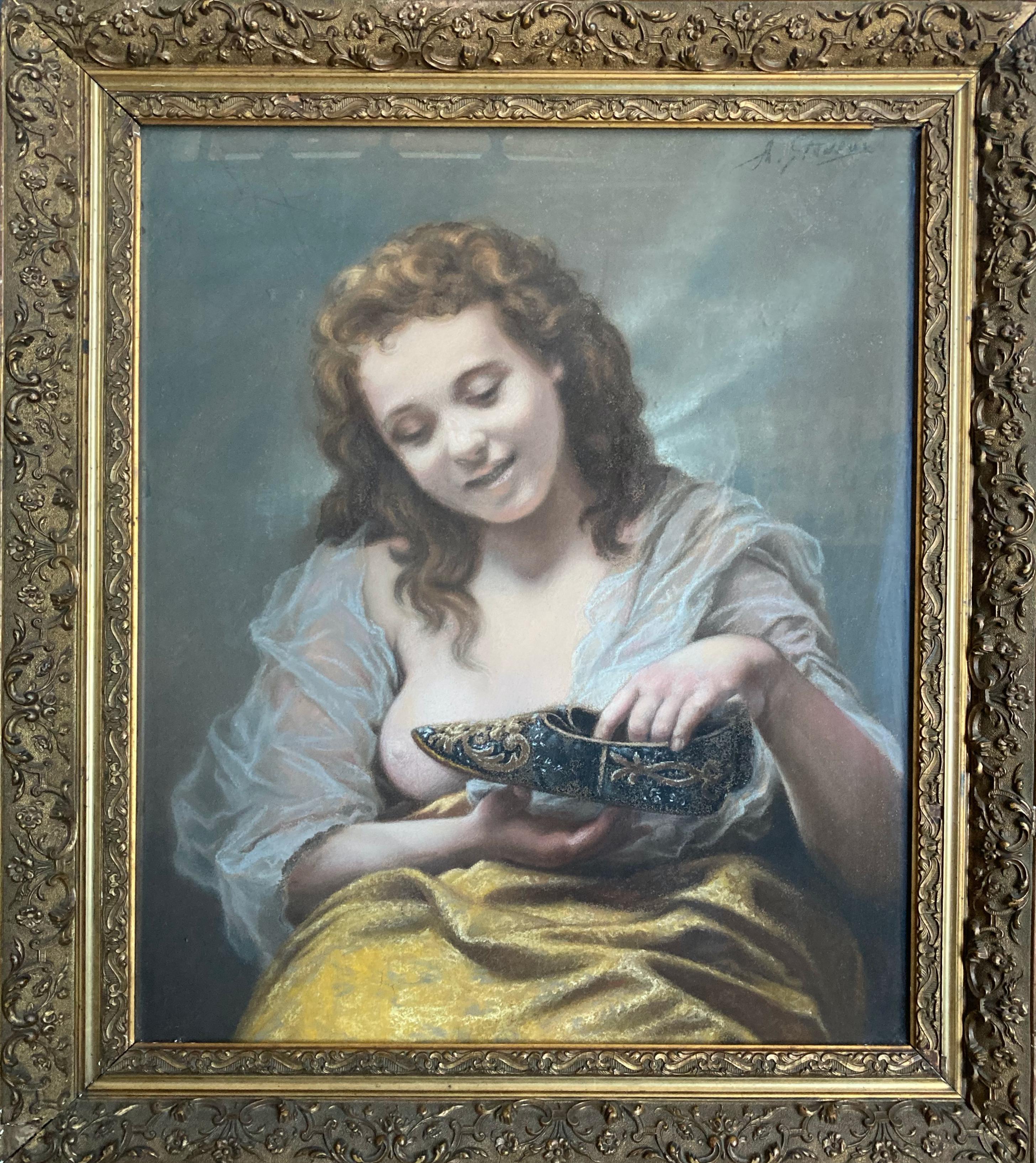 Nude A. Stiveux - « Jeune femme avec des chaussures en soie » - Peinture de portrait ancien encadrée du 19ème siècle