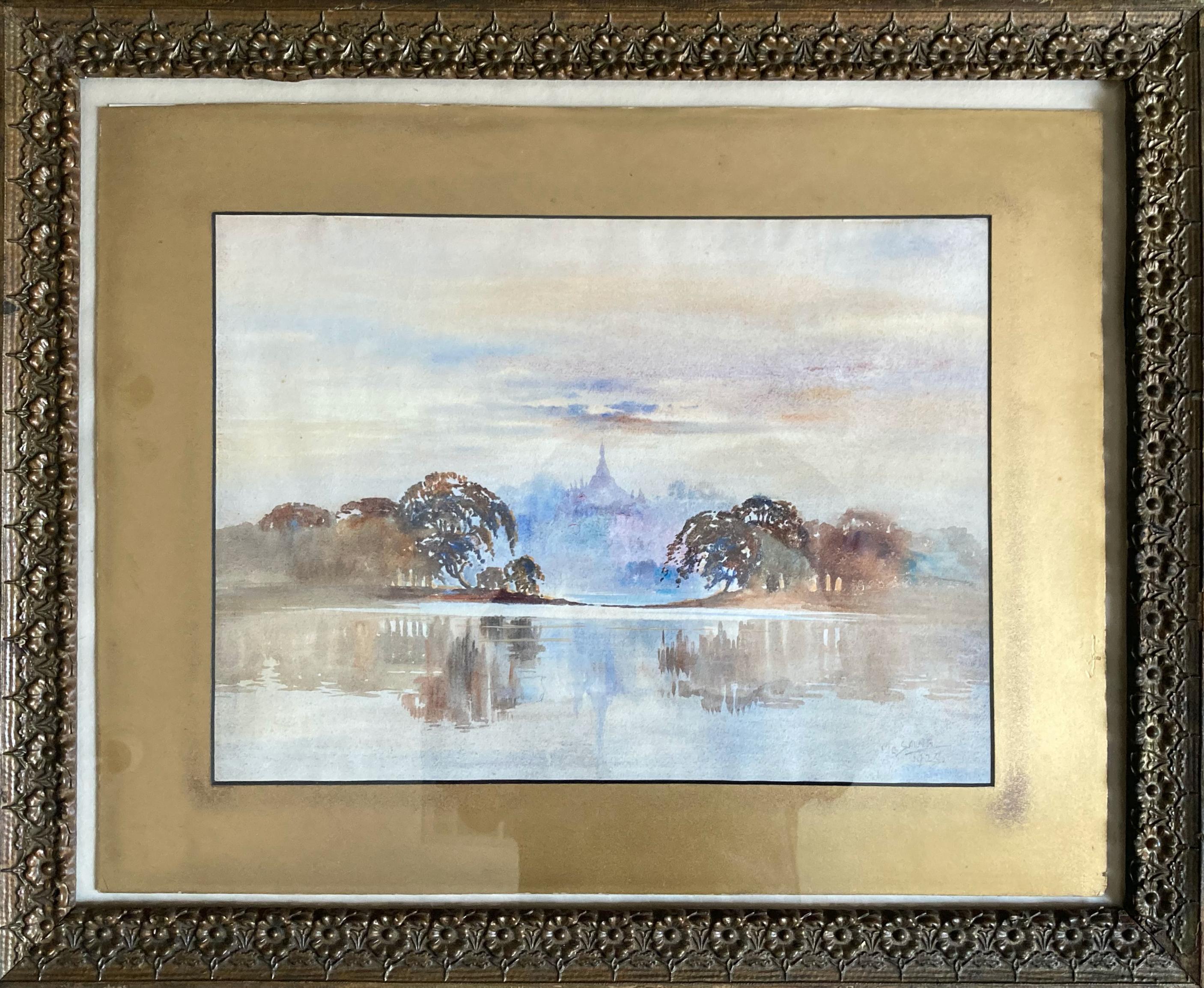 Landscape Art M. C. Laung - "Scène de lac" - Peinture à l'aquarelle de paysage marin encadrée du début du 20e siècle