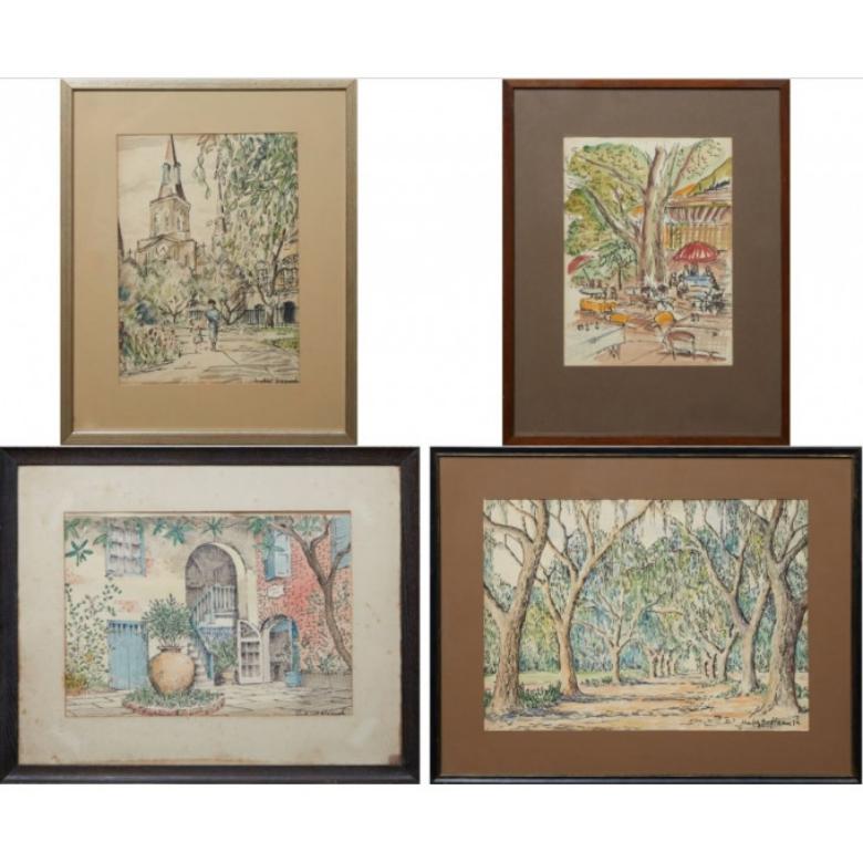 Hubert Hanush Landscape Art - "Four Original New Orleans Watercolor Scenes" Framed Late 20th Century Paintings