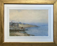 "Cottage by the Sea" - Framed 19th-Century Antique Watercolor Seascape Painting