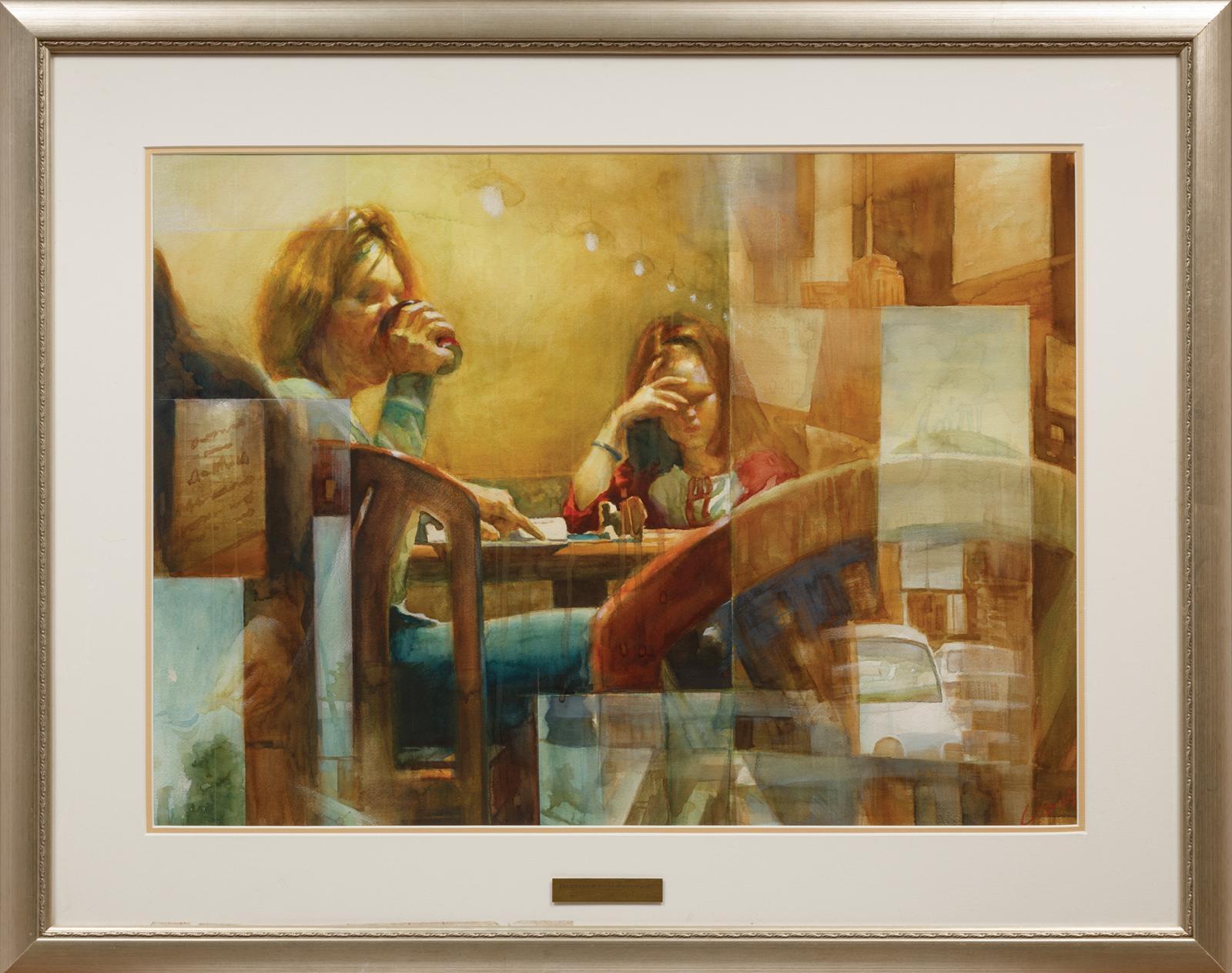 Dongfeng Li Figurative Art - "Mom's Coffee Time" (AWCS Award Winner) Framed Contemporary Watercolor Painting