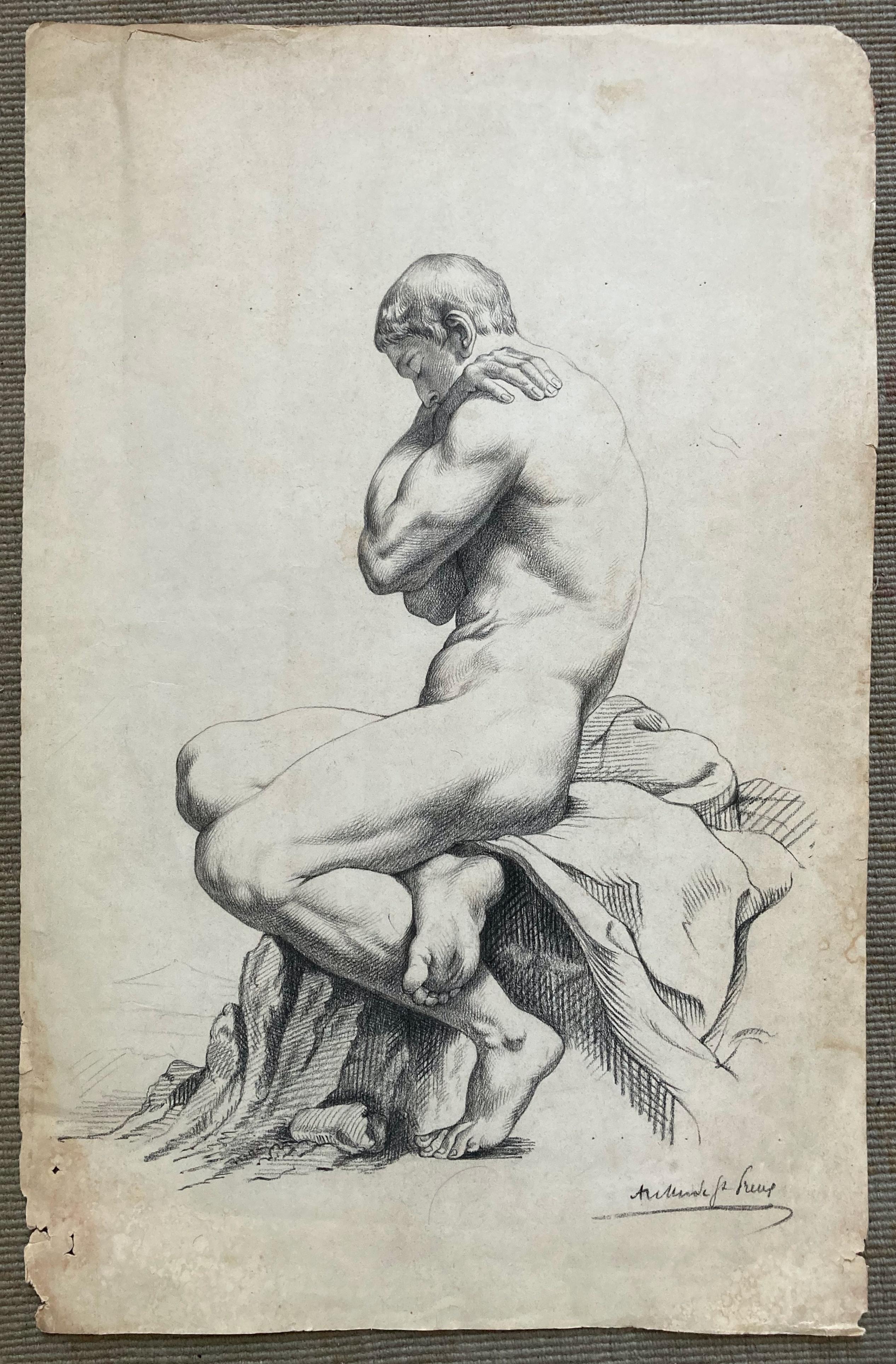 Seated Nude Male (Antique Graphite Portrait Drawing) - Art by Armande de Greux