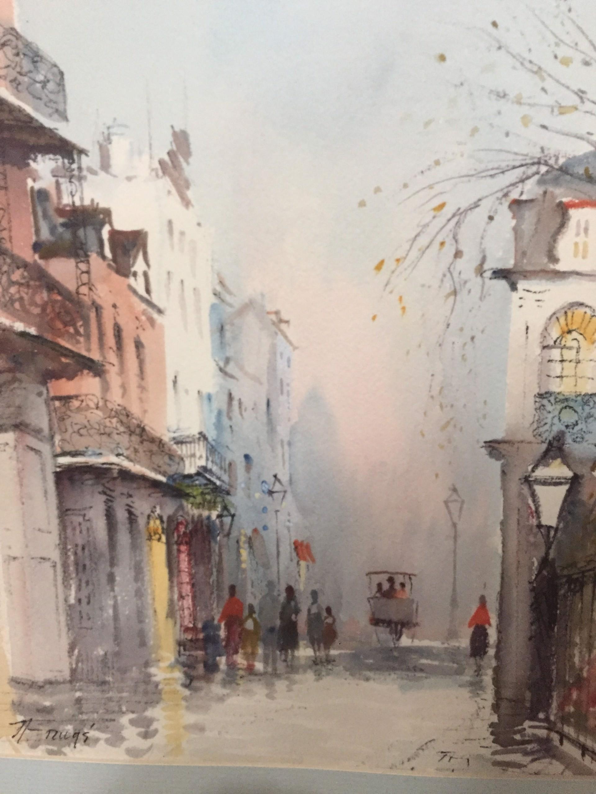 Nestor Fruge Landscape Art - French Quarter Scene (Mid-Century Framed New Orleans Watercolor Painting)