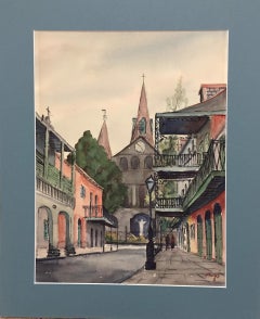 Retro French Quarter Scene (Behind St. Louis Cathedral - New Orleans Painting)