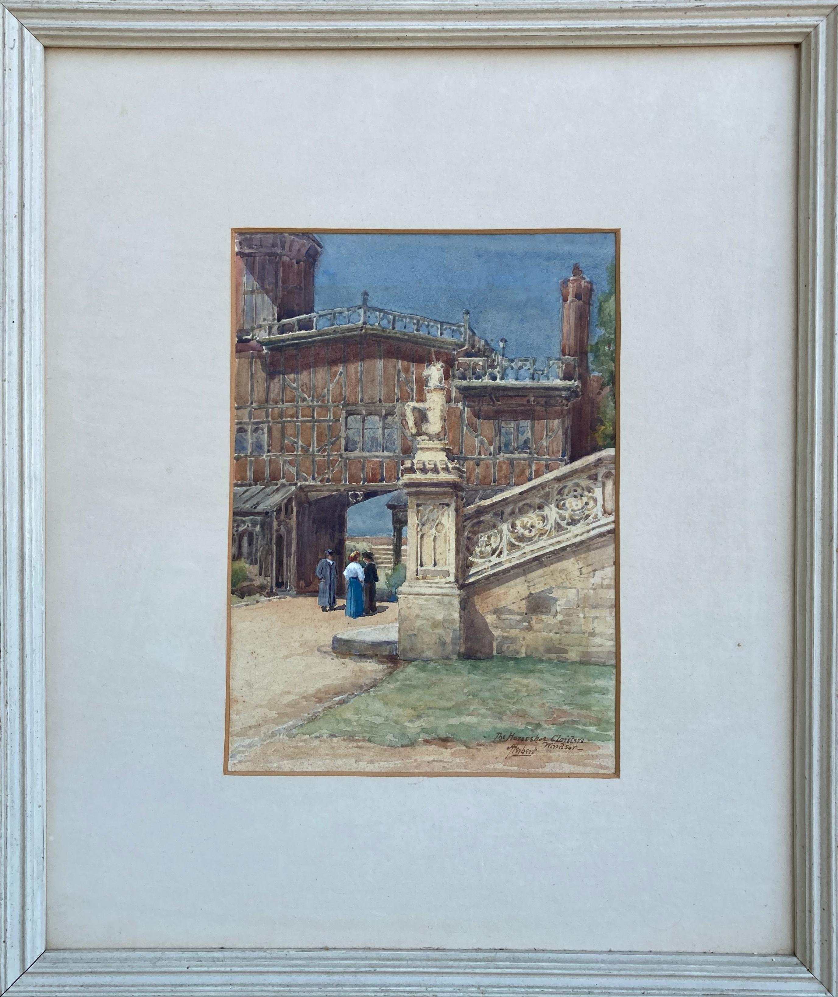 Unknown Landscape Art – Hufeisen-Truhen, Schloss Windsor, Original signiertes Aquarell, um 1910
