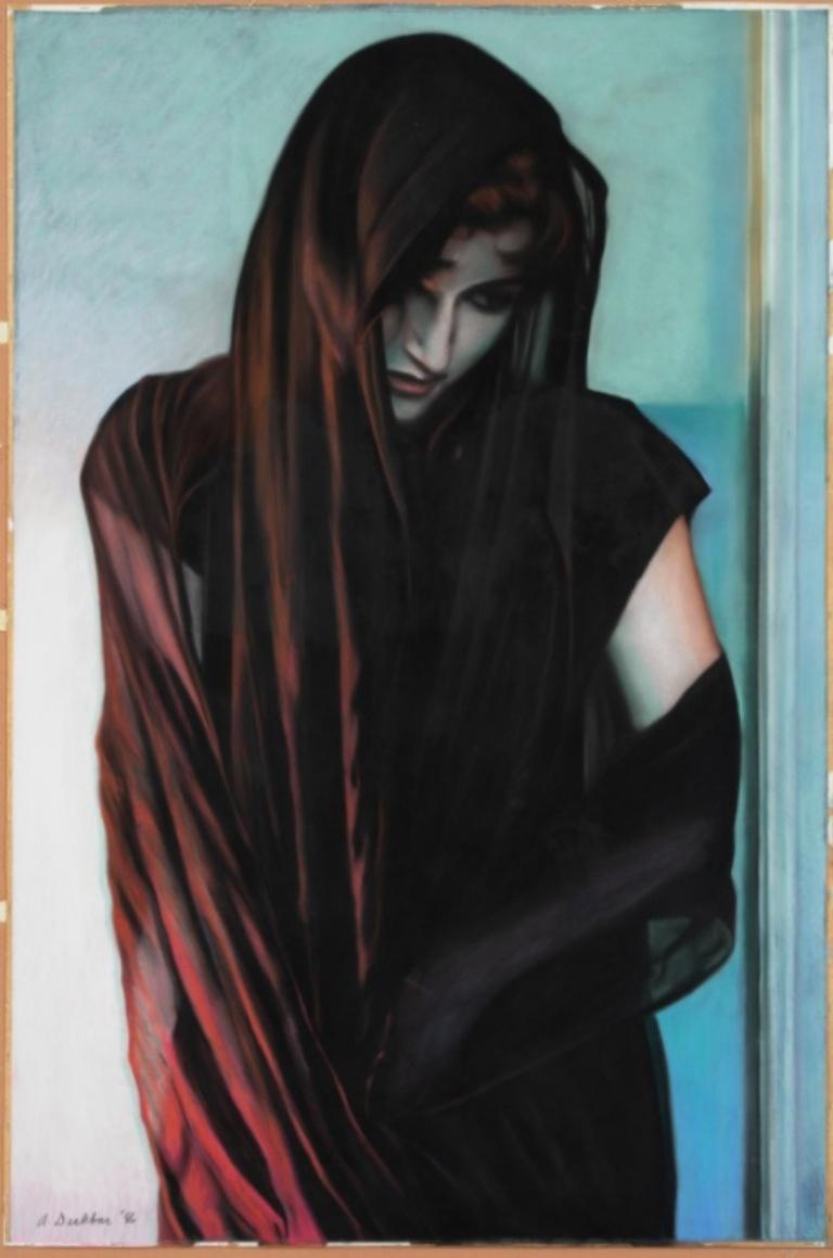 Adrian Deckbar Figurative Art – Frau im Schleier (sehr groß) ex. Arthur Roger Gallery, New Orleans