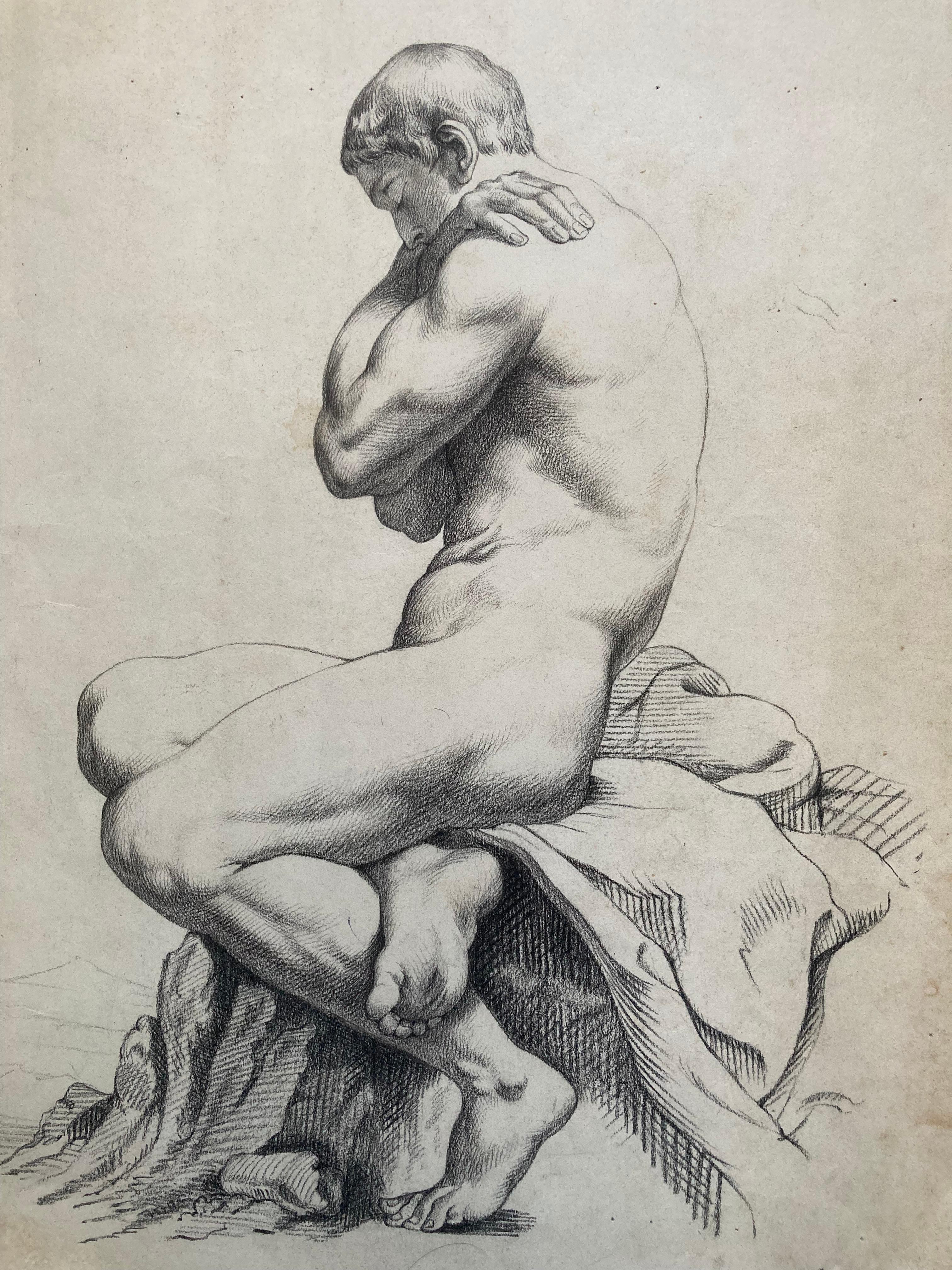 Armande de Greux Figurative Art - Seated Nude Male (Antique Graphite Portrait Drawing)