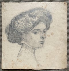 Young Lady With Coiffure - Ellsworth Woodward Antique Graphite Drawing