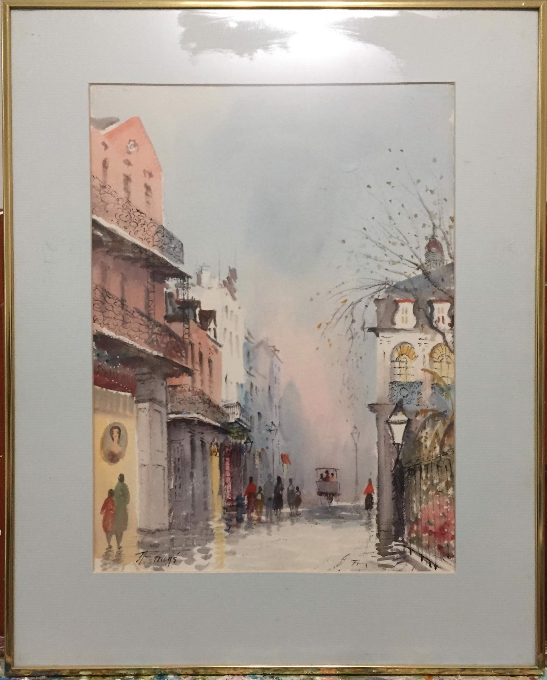 French Quarter Scene (Mid-Century Framed New Orleans Watercolor Painting) - Art by Nestor Fruge