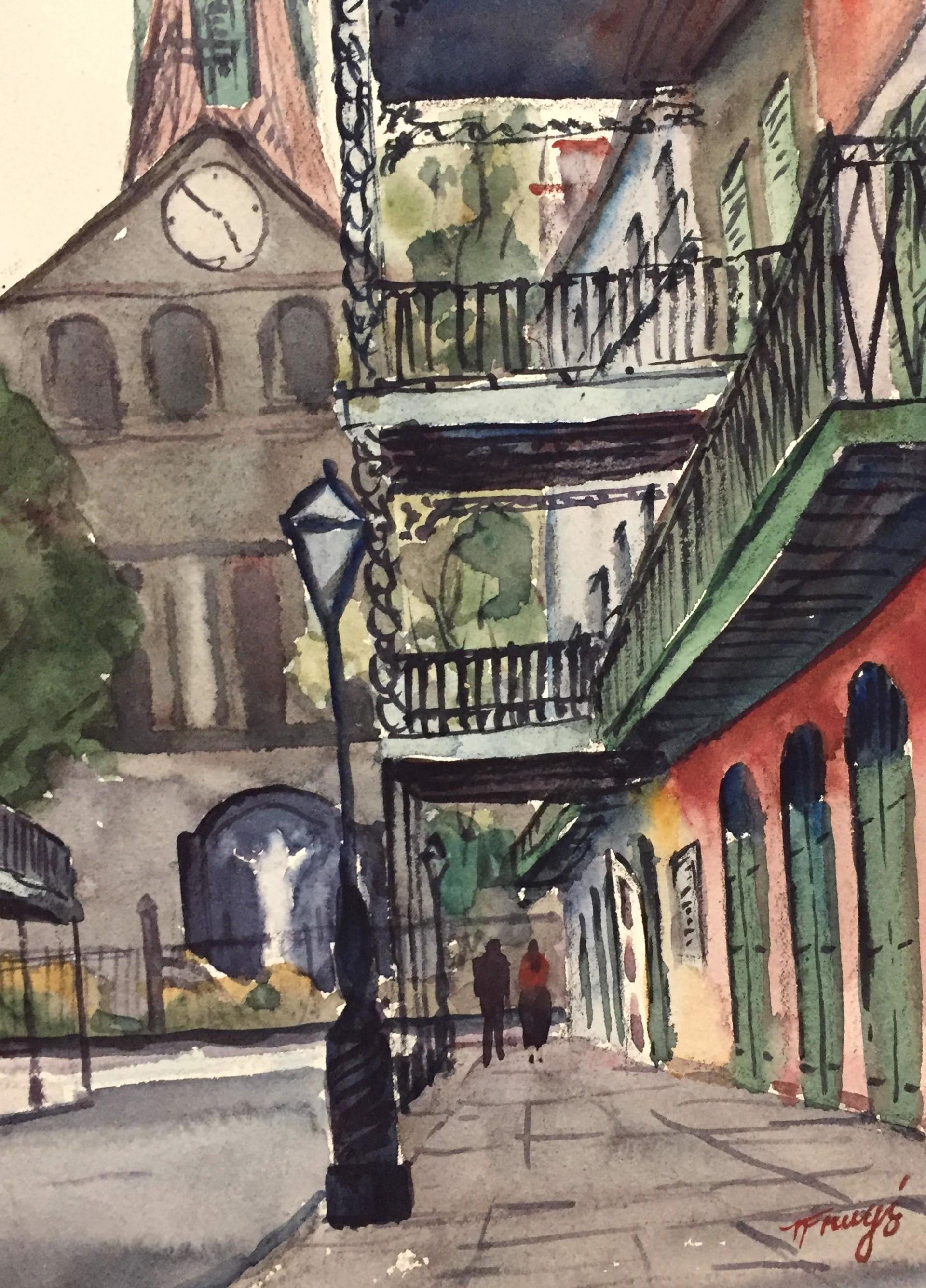 Französische Quarter-Szene (Hinter der St. Louis-Kathedrale – Gemälde von New Orleans) – Art von Nestor Fruge