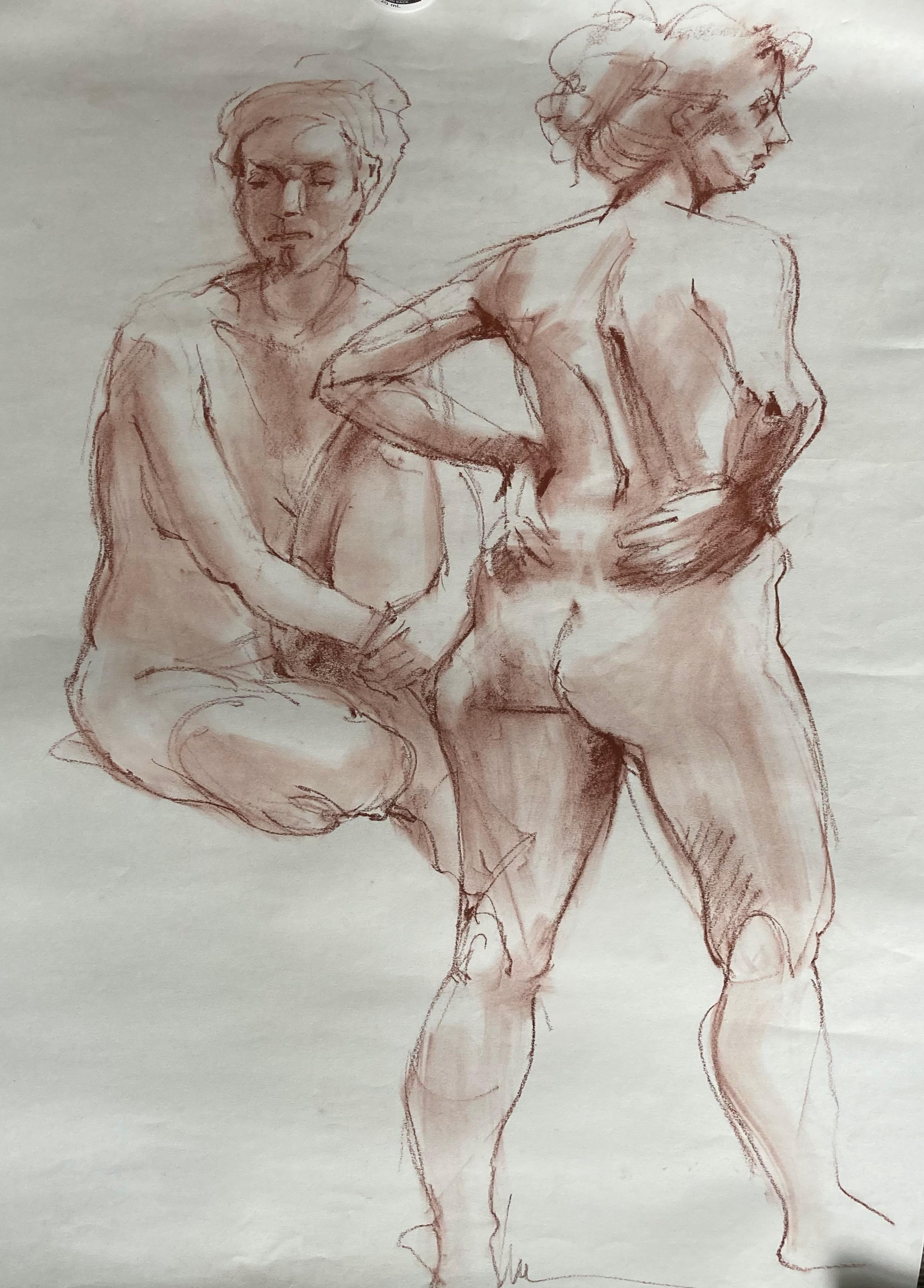 Deux femmes (dessin figuratif féminin contemporain d'un nu)