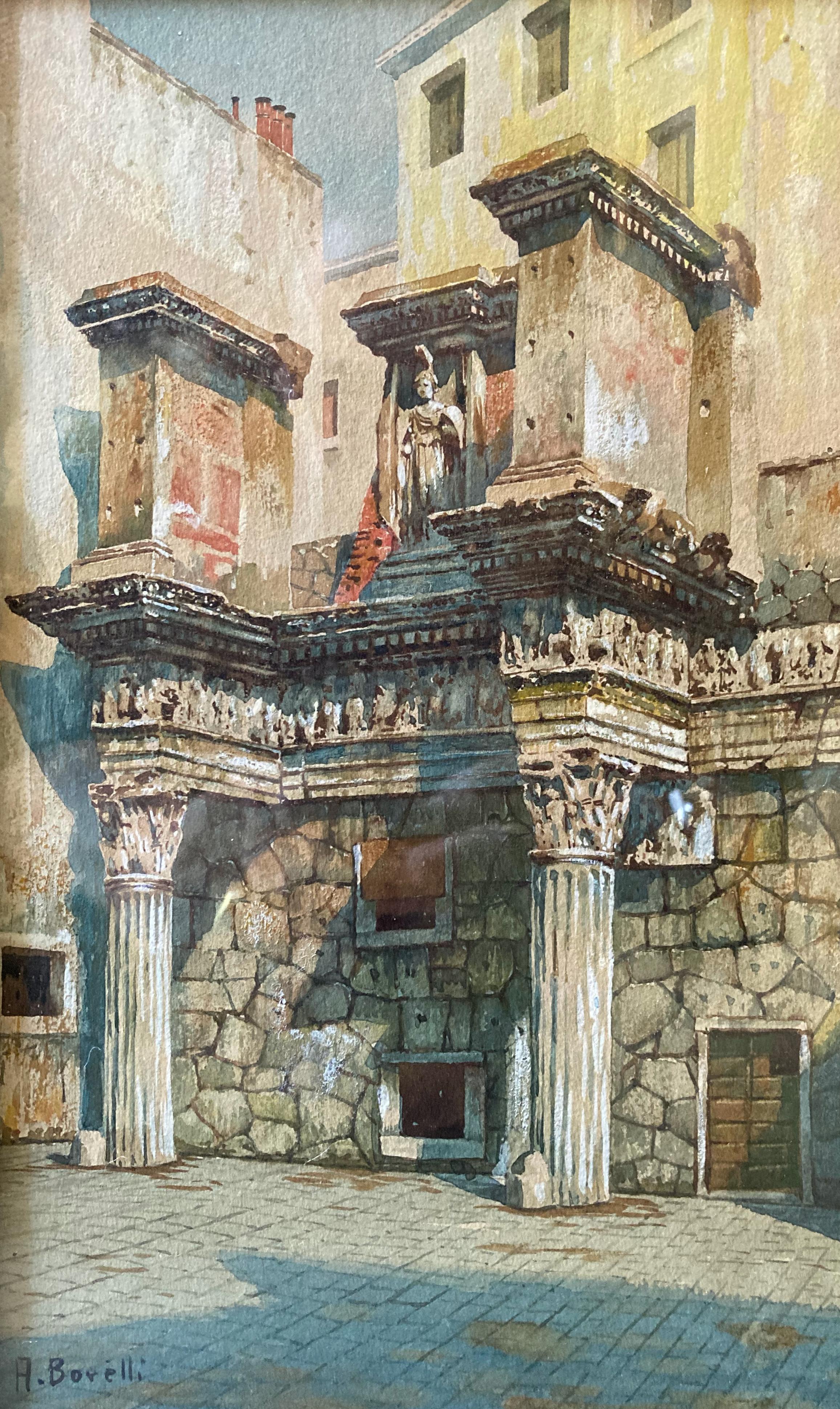 H. Borelli Landscape Art - Roman Facade, Italy (Exquisite 19th-c. Original Watercolor, Signed)