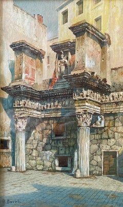 Roman Facade, Italy (Exquisite 19th-c. Original Watercolor, Signed)