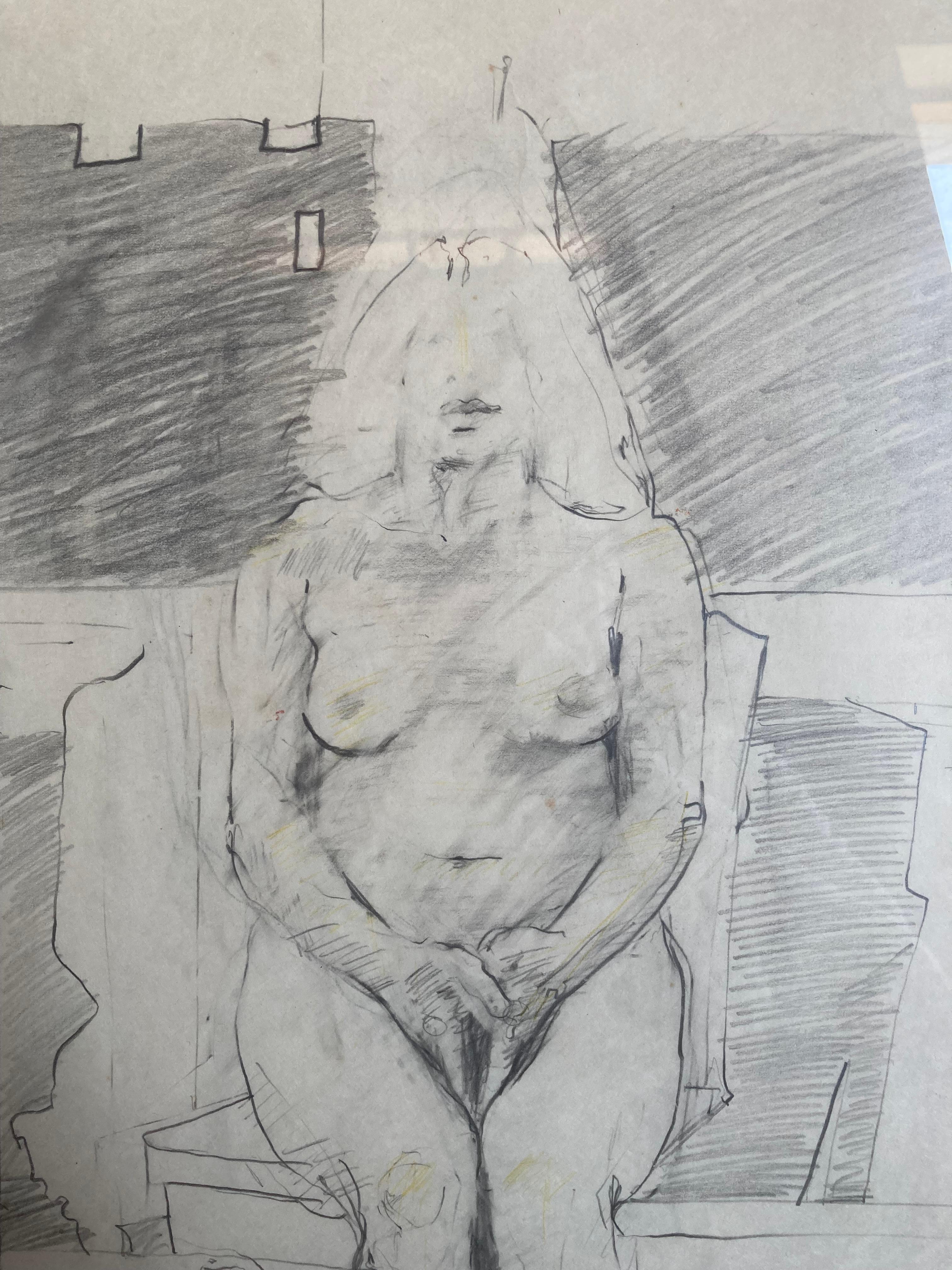 Seated Nude Woman (Original Drawing, Framed)