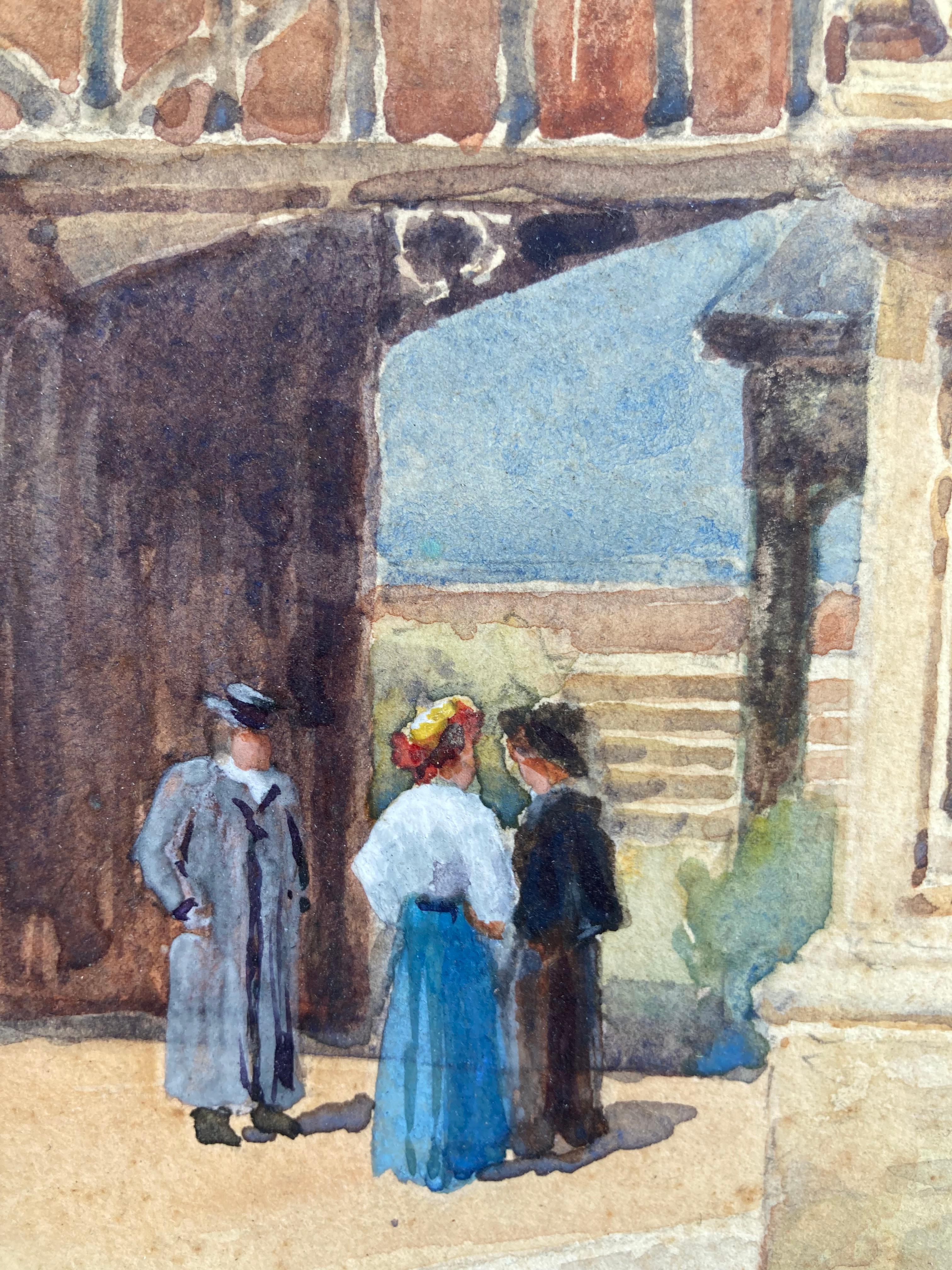 A lovely watercolor of the Horseshoe Cloisters at Windsor Castle, with three Edwardian figures having a chat near the stairway. There's an inscription and the signature 