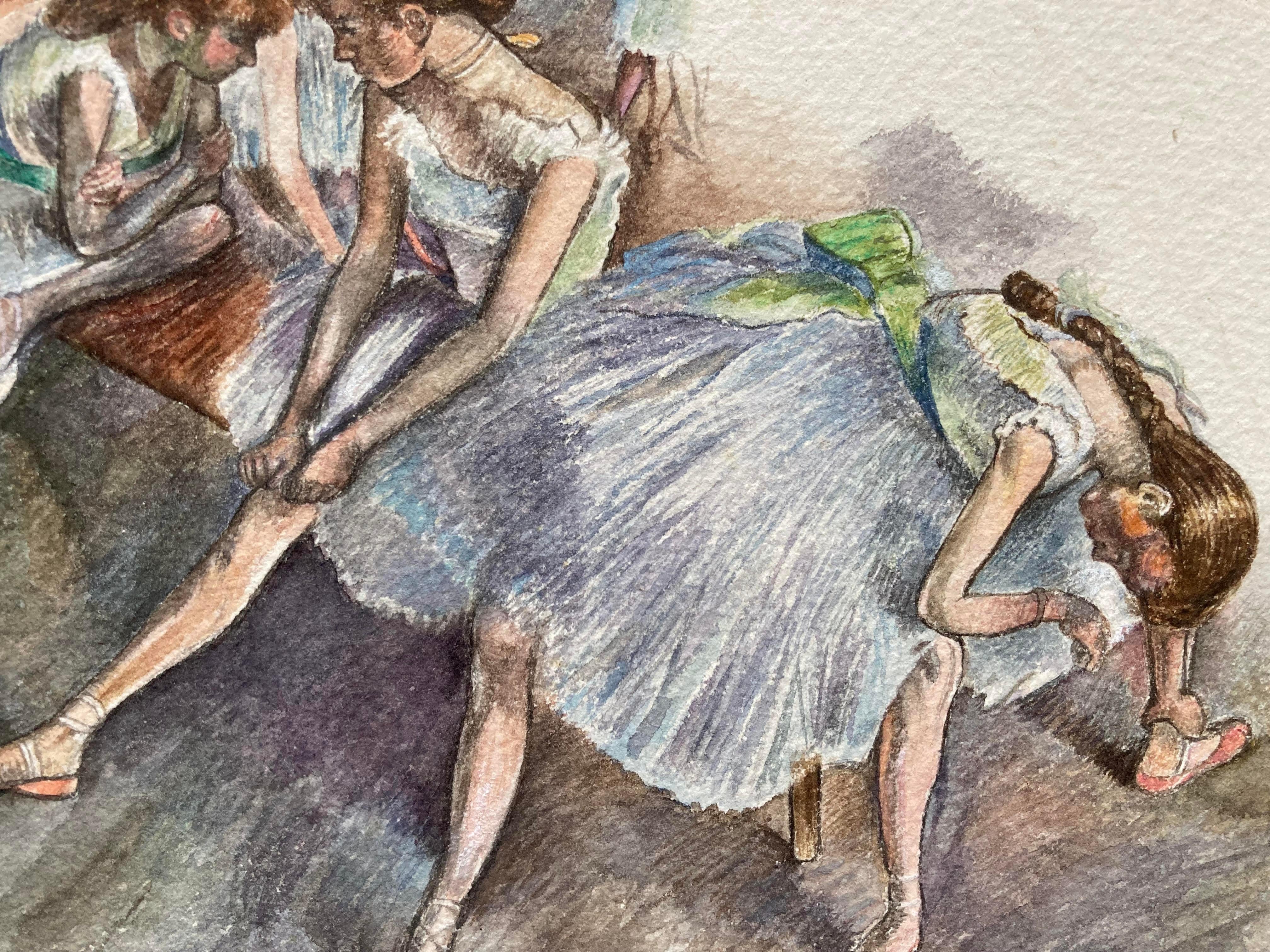 Bailarinas de Ballet Descansando (Acuarela Original, Recuerda a Degas) - Figurative Art Gris de Unknown