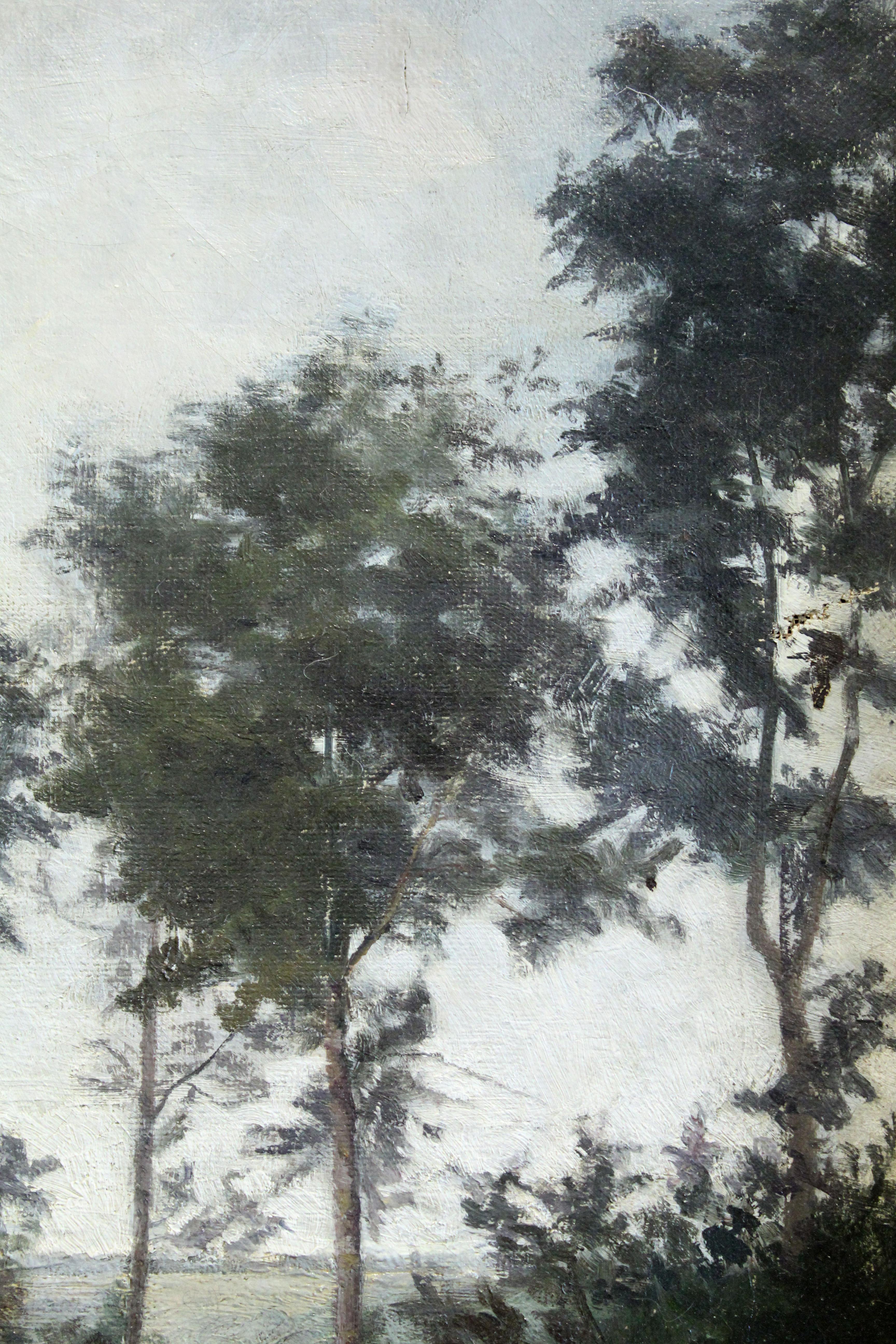 Ein charmantes Gemälde, das einen Jungen und ein Mädchen zeigt, die eine Landstraße entlanggehen. Wunderschöne Darstellung der Bäume und des Himmels. Das Gemälde hat zwei Reparaturen (ich habe ein Foto der Flicken auf der Rückseite beigefügt), die