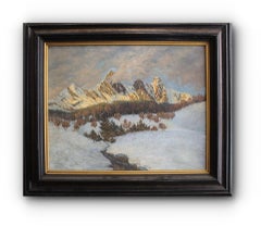 "Peaks at Sunset" - Framed Early 20th Century Mountain Landscape Painting