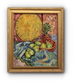 „Stillleben mit Birnen und Ananas“ – gerahmtes Gemälde aus der Mitte des Jahrhunderts
