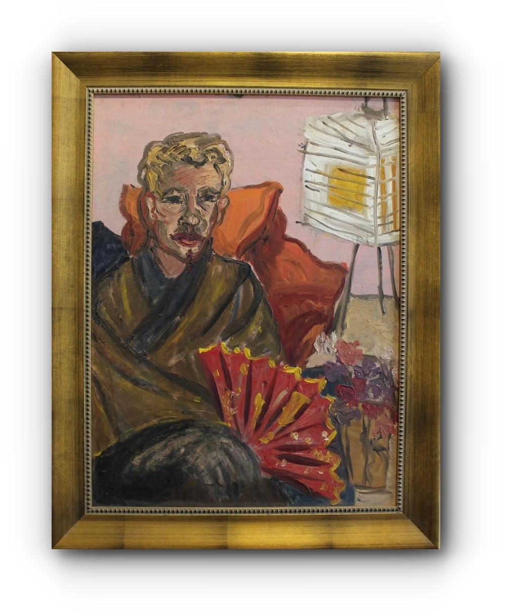 Janet Bosse Figurative Painting - "Man With a Red Fan" - Mid-Century Impressionist Portrait