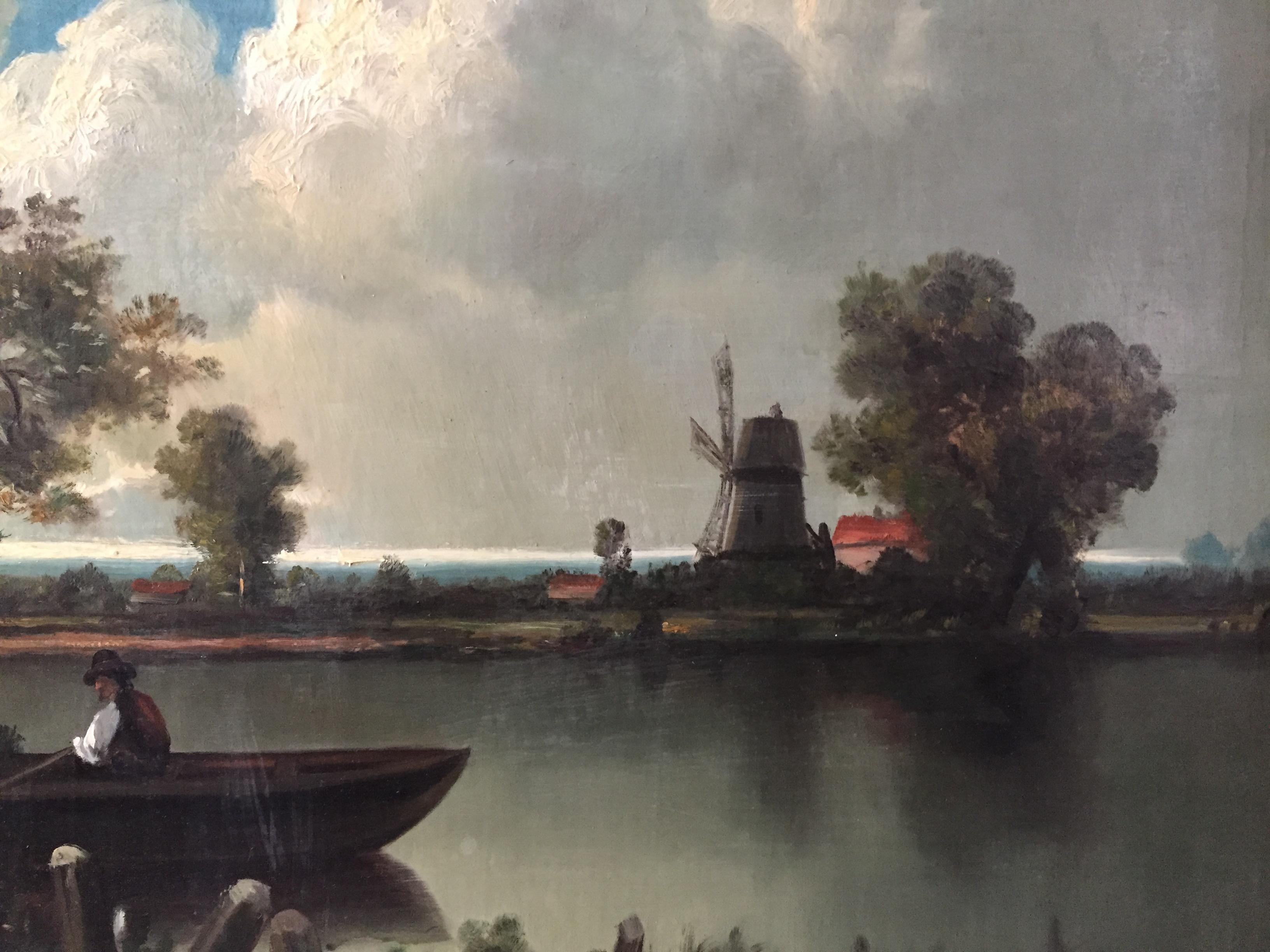 Landscape with Fisherman and Windmill (Large) - Academic Painting by Edmond de Schampheleer