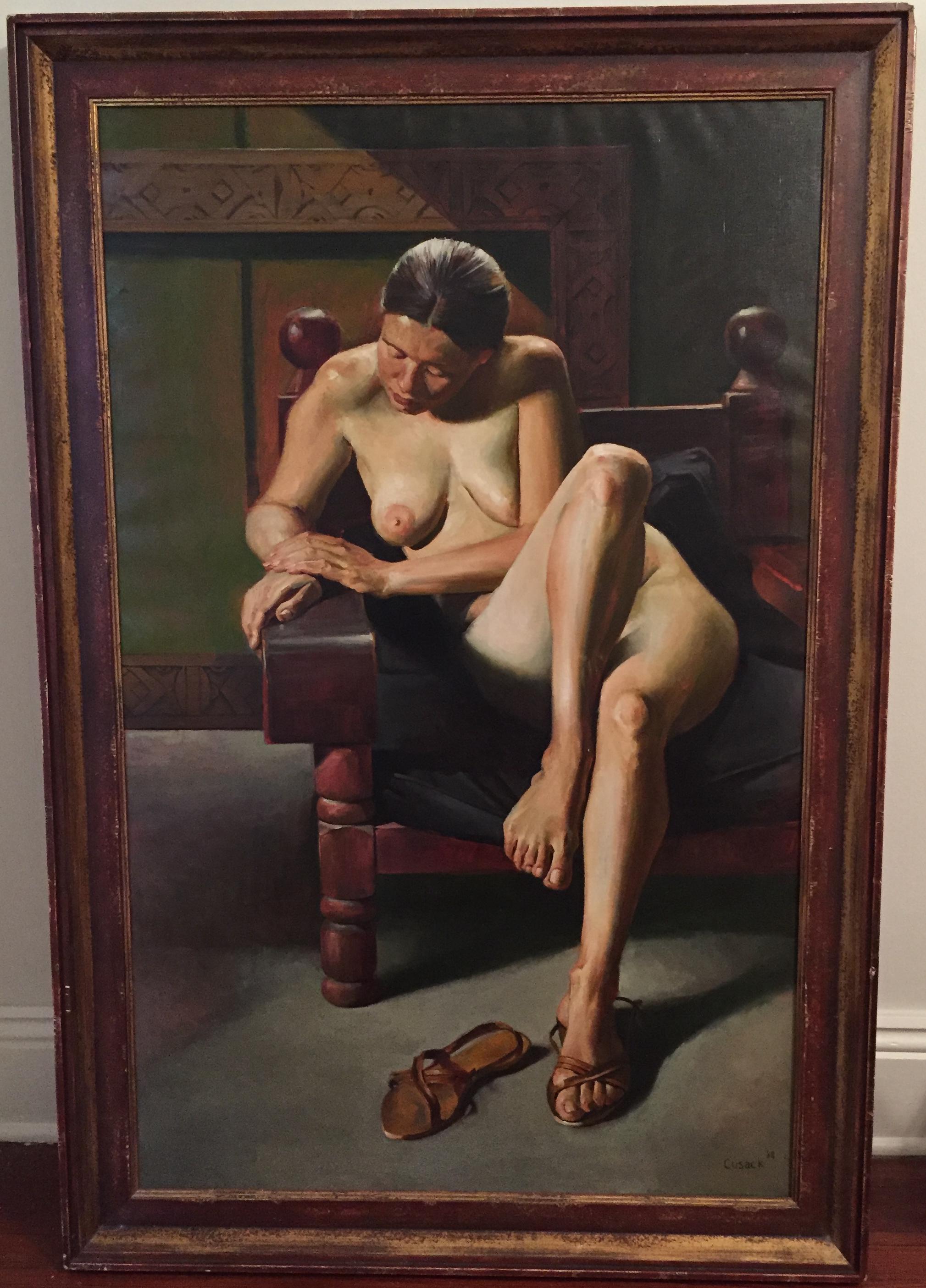 A very large, astonishingly well-painted and striking Modernist nude of a woman seated in a broad chair by artist Eugene Cusack - a name tracked down for me by a savvy 1stDibs collector, for which I am thankful!  This is many times larger than the