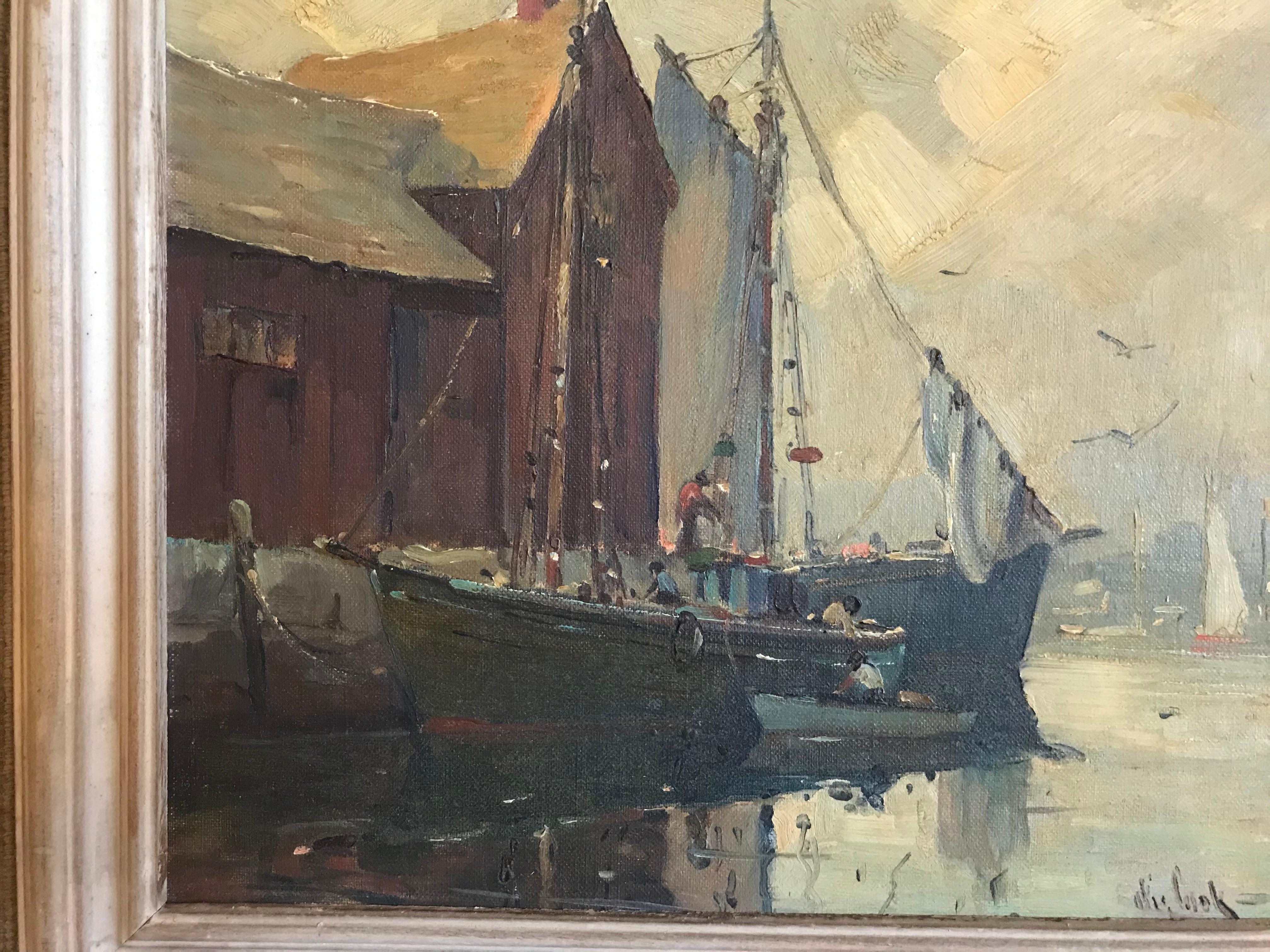 Boats in Harbor, Rockport,Massachusetts - Peinture de paysage marin du milieu du siècle encadrée - Painting de Otis Pierce Cook, Jr. 