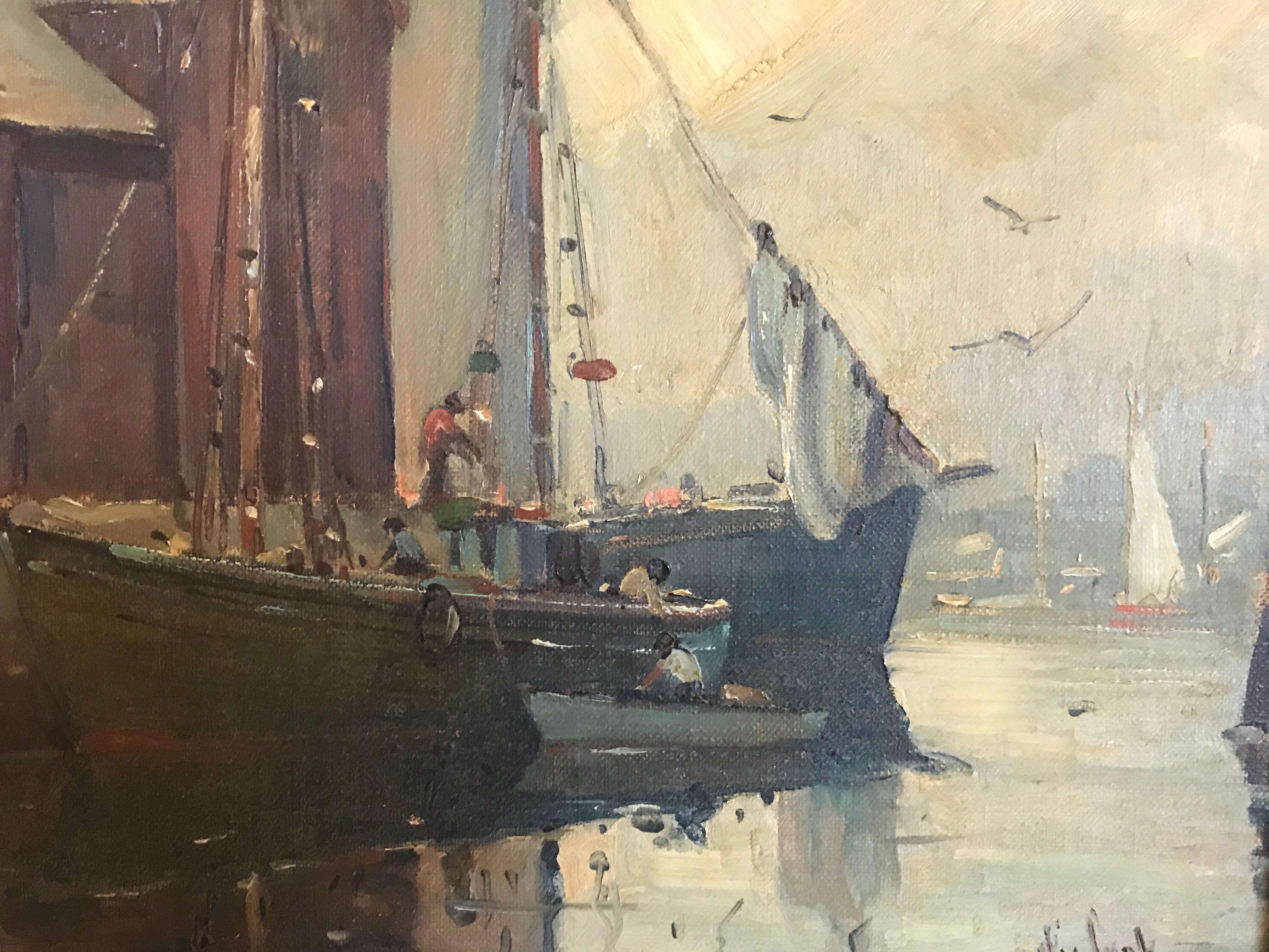 Boats in Harbor, Rockport,Massachusetts - Peinture de paysage marin du milieu du siècle encadrée - Marron Landscape Painting par Otis Pierce Cook, Jr. 