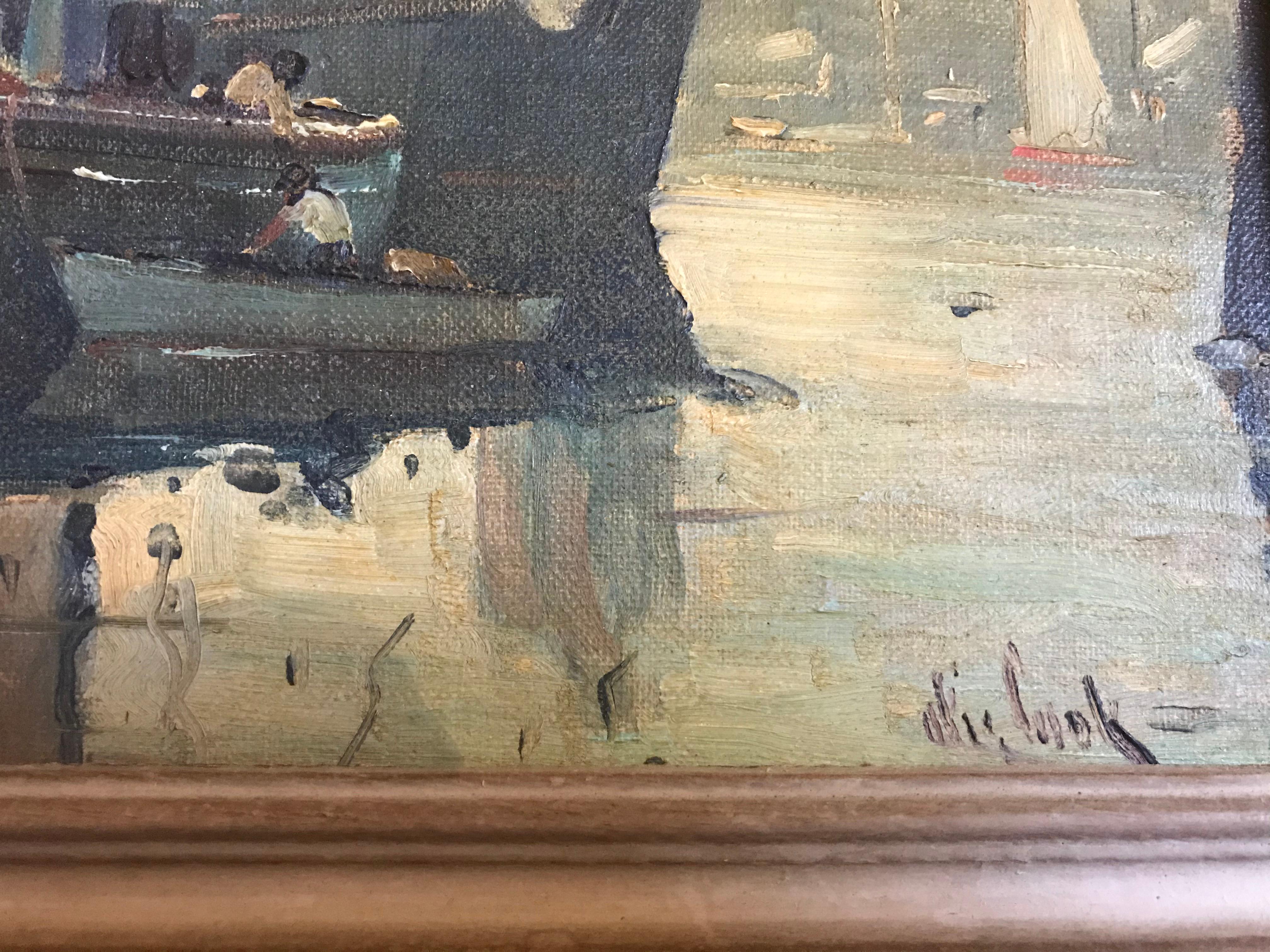 Une charmante scène de port réalisée par le célèbre peintre du Massachusetts, Otis Pierce Cook, dont la cote est très élevée. Il est surtout connu pour ces scènes nautiques et portuaires, ce qui est très typique de son travail. J'ai inclus ses deux